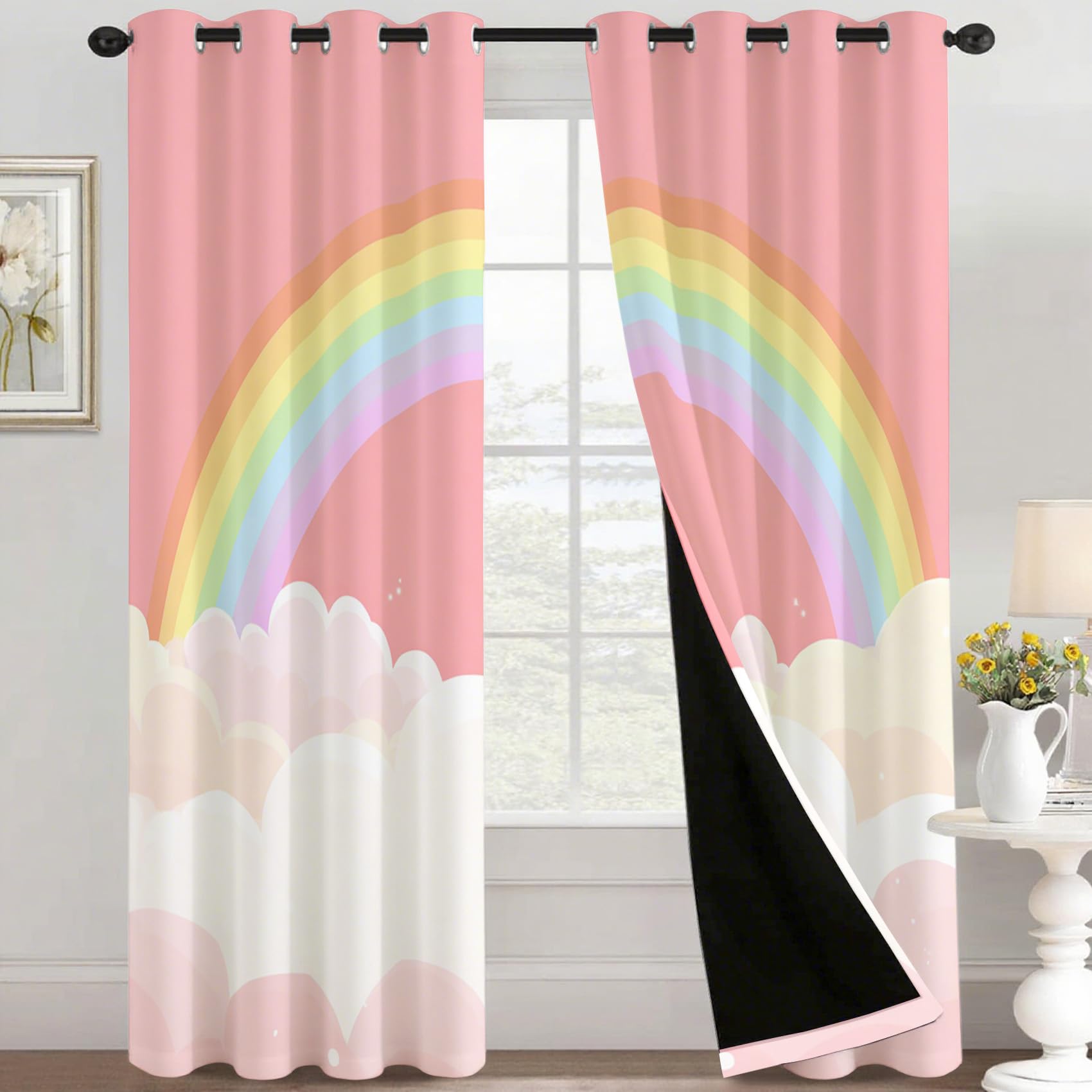 Générique Rideau Occultant Nuage Arcs en Ciel, 75 x 166(LxH) 2 Pieces, Opaque 95%, Motif Rose Mignon, Rideaux Fenetre Thermiques à Oeillets, Decoration Maison Salon Chambre CHE11