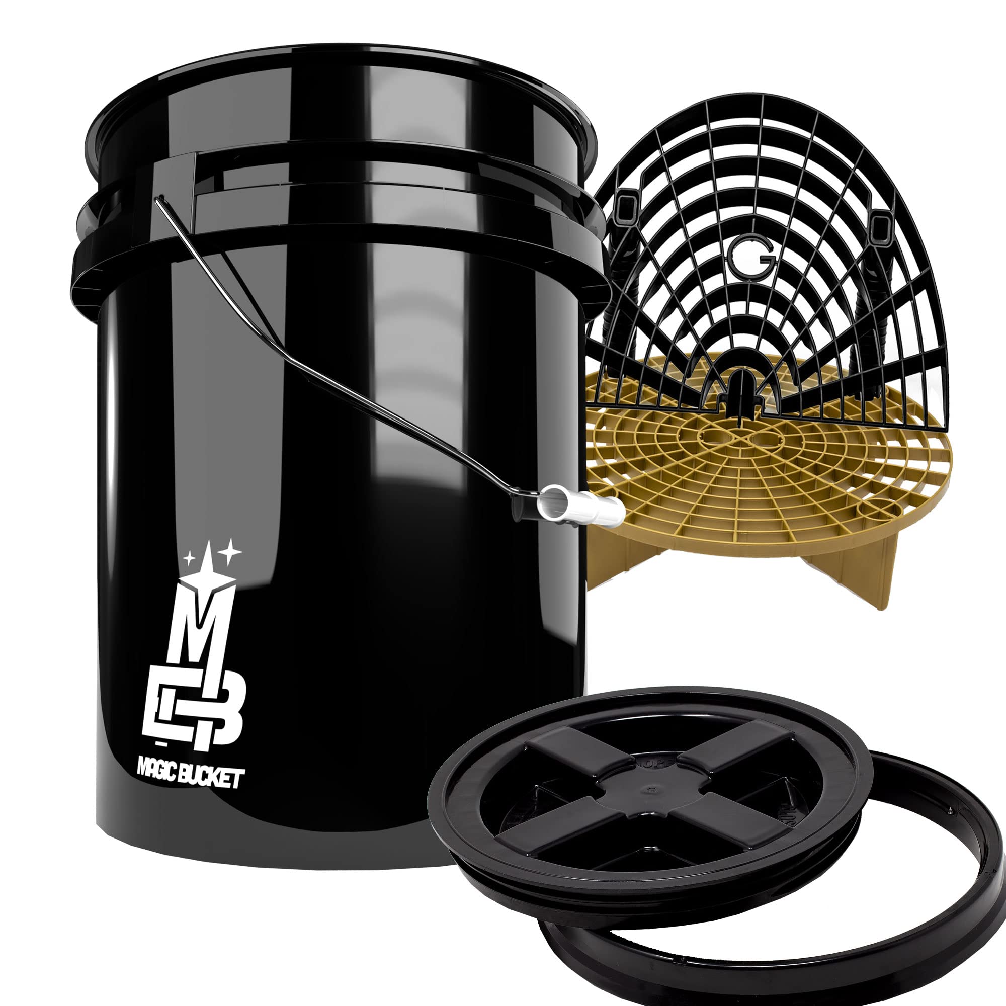 Detailmate professionelles Wasch Eimer Set: Magic Bucket Wascheimer 5 GAL (ca. 20 Liter), Gamma Seal Eimerdeckel schwarz, GritGuard Schmutz Einsatz Gold, GritGuard Washboard schwarz
