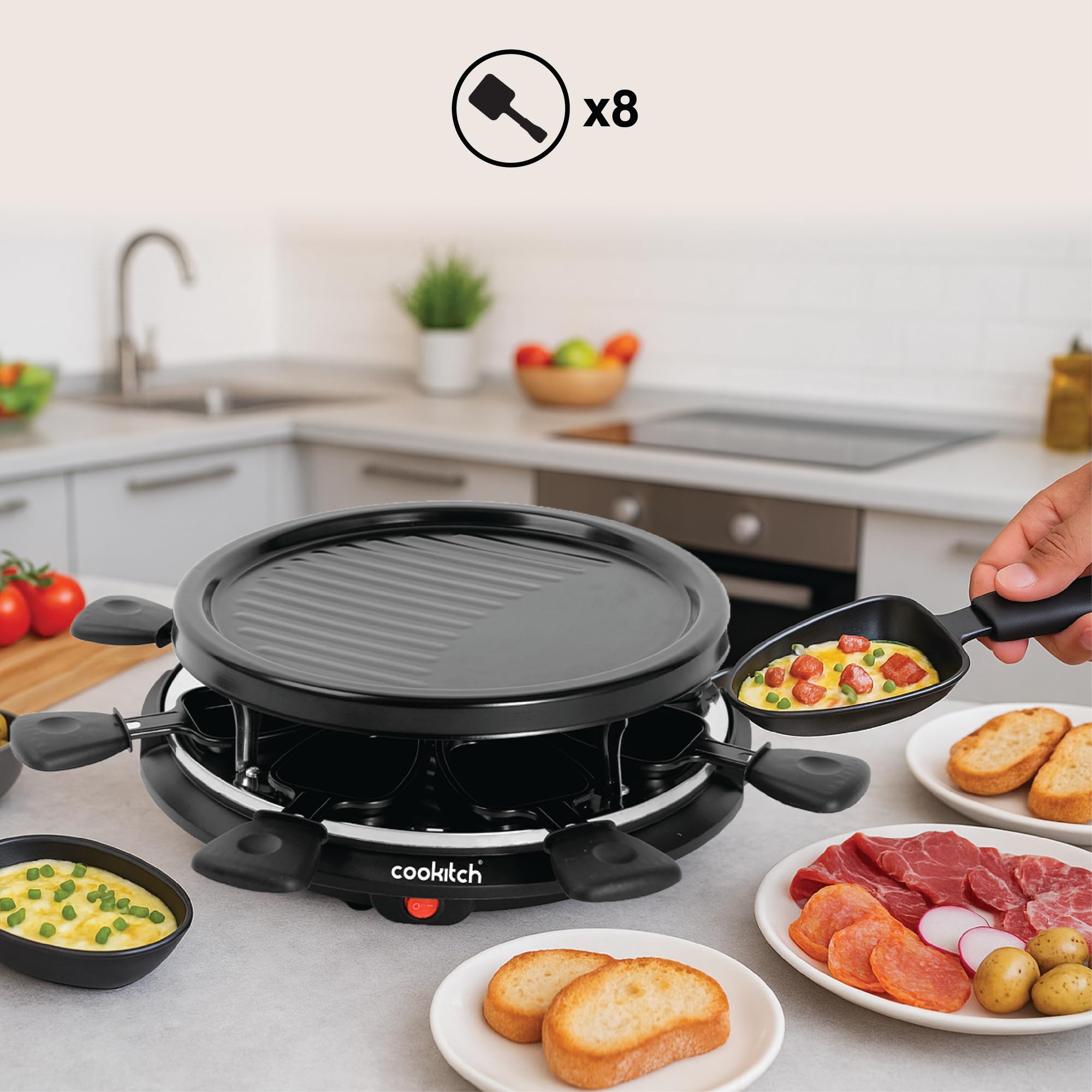 Raclette 8 Personas - Plancha Redonda Grill Antiadherente y 8 Sartenes, Parrilla eléctrica para asar Carne, Verduras y fundir Queso