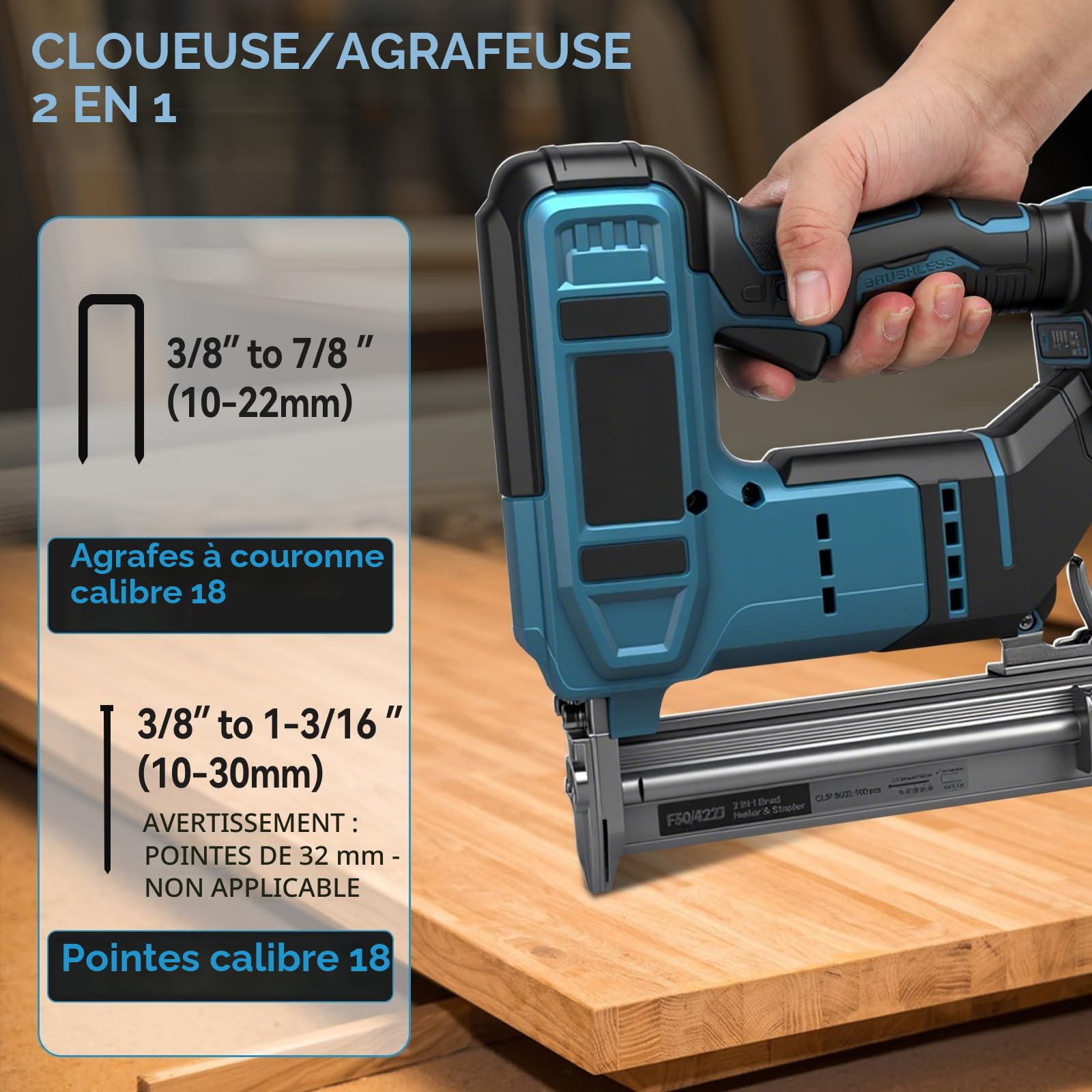 Cloueuse sans fil, pistolet à ongles sans fil, compatible avec batterie 18 V, pistolet électrique 2 en 1 avec 1000 clous droits et 1000 clous en forme de U, pour tapisserie d'ameublement