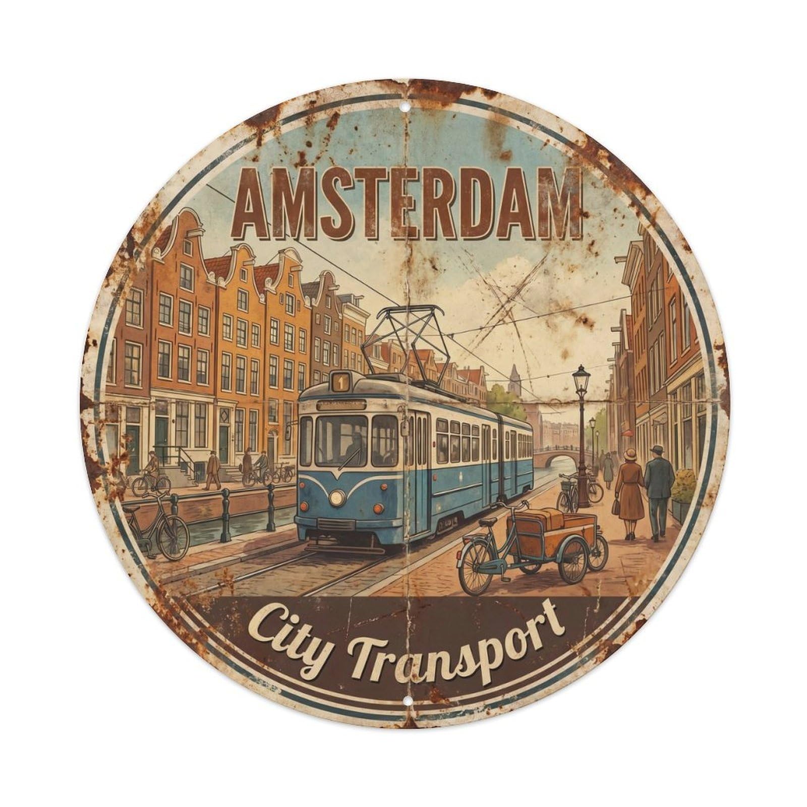 Vintage Travel Amsterdam Tram Scene Metal Tin Sign Plaque