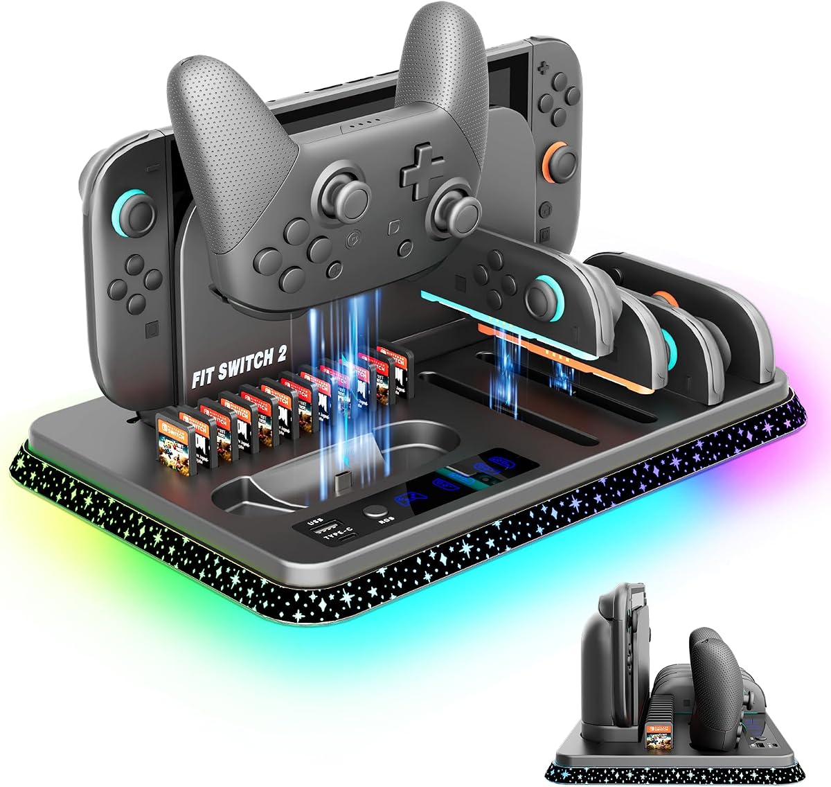 [Compatible con Switch 2 (2025)] Base de carga y estación organizadora para Nintendo Switch 2, cargador rápido y soporte de almacenamiento para 4 * Joy Con y Pro Controller, Inc.12 ranuras para tarjetas, USB-HUB, tipo C, 9 modos RGB