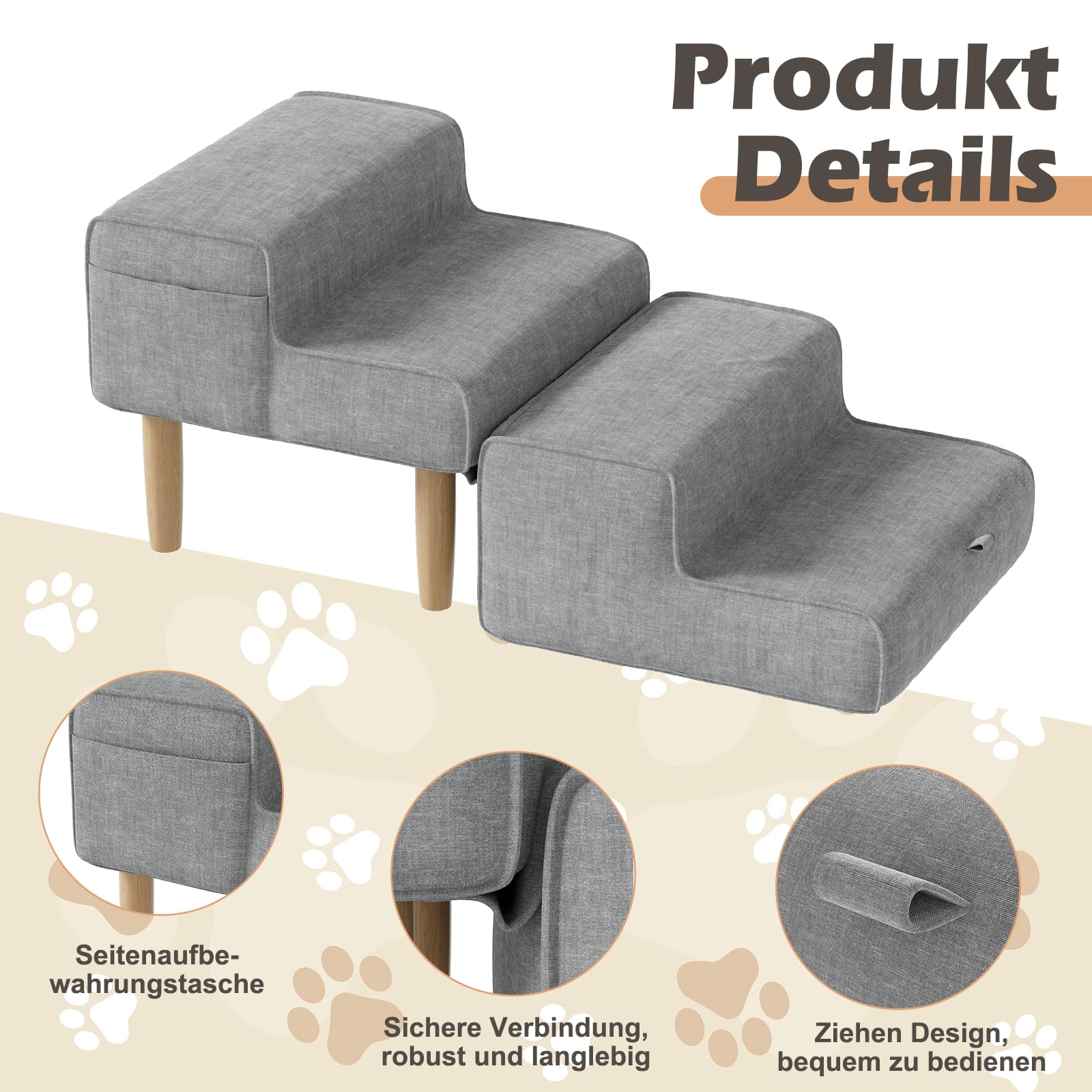 Scala per cani 2 in 1, pieghevole, per cani di piccola e grande, per divano e letto, 4 gradini, altezza 32 cm, colore grigio
