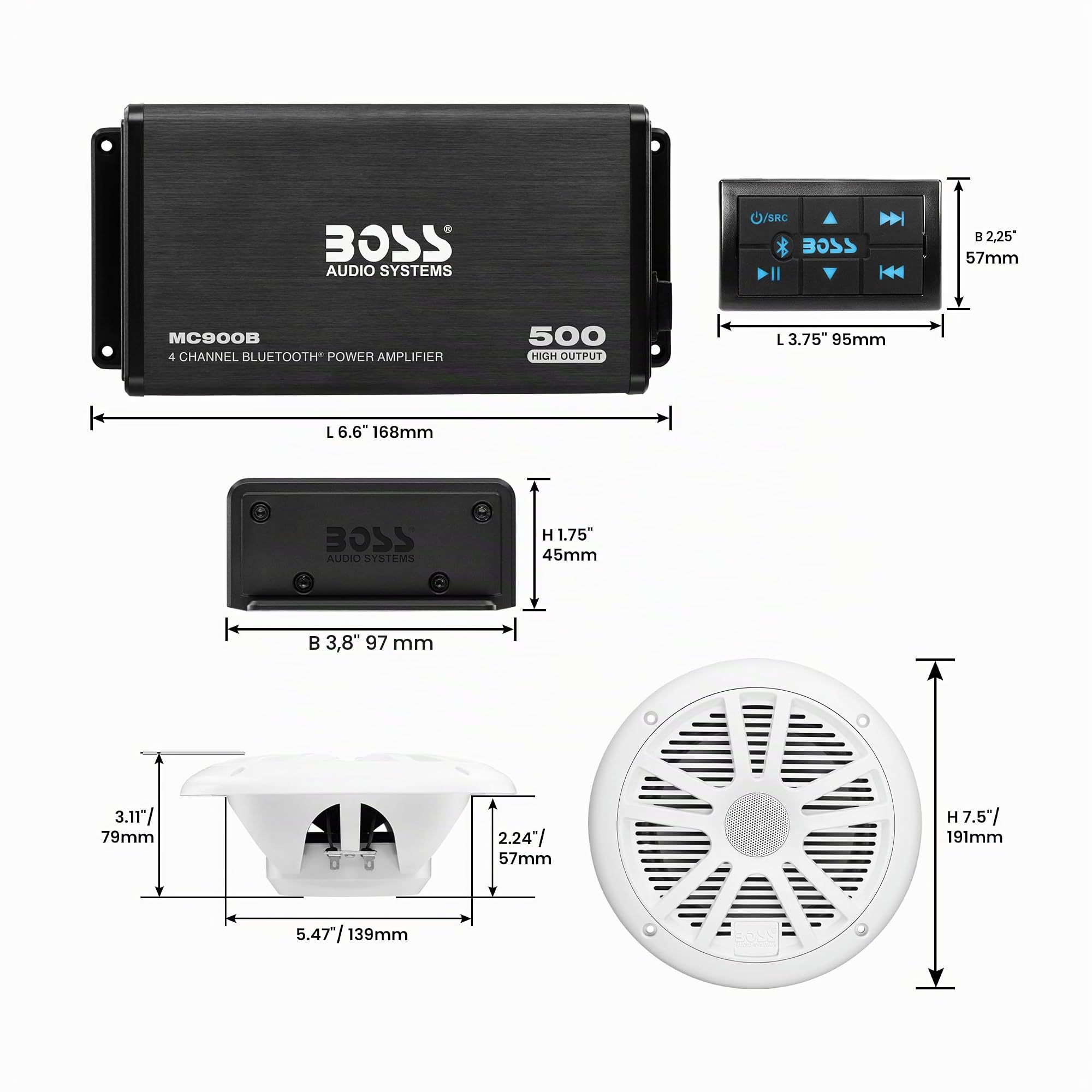 BOSS AUDIO ASK902B.6 500 W 4-Kanal Bluetooth Verstärker mit 180 W Marine-Lautsprecher im Set