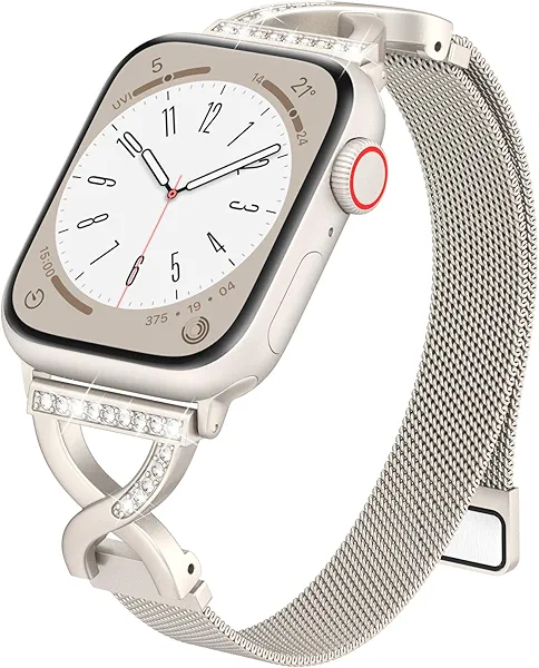 BRG Thin Mesh Loop Compatible with Apple Watch Bands for Women 40mm 41mm 38mm 42mm Series 10 9 8 7 6 5 4 3 2 1 SE, Metal Magnetic Stainless Steel Strap with X-Shape Diamond Clasp for iWatch Bands