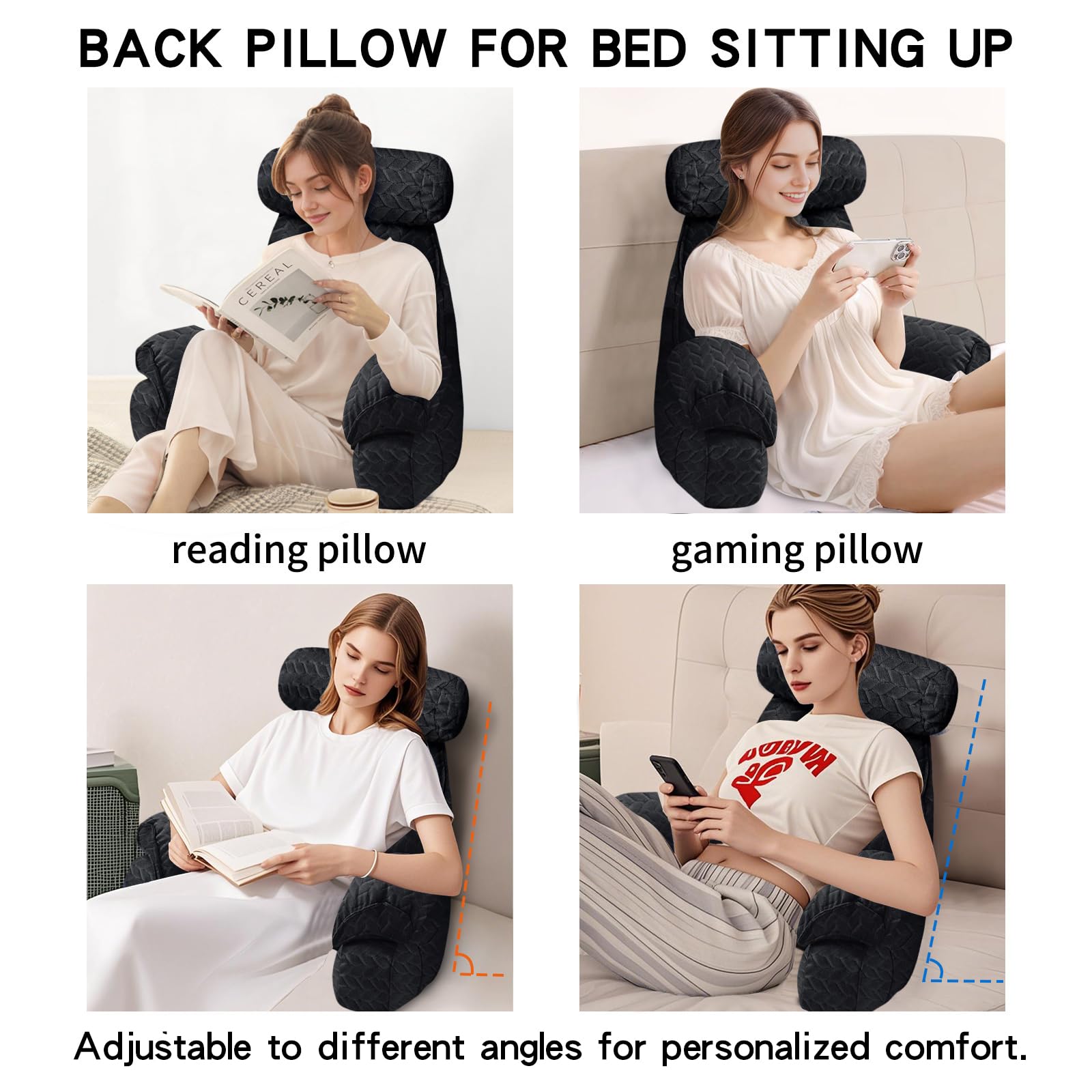 Back Pillow For Bed Sitting Up – With 9.4" Armrests, Shredded Memory Foam, Reading/Watching TV/Gaming