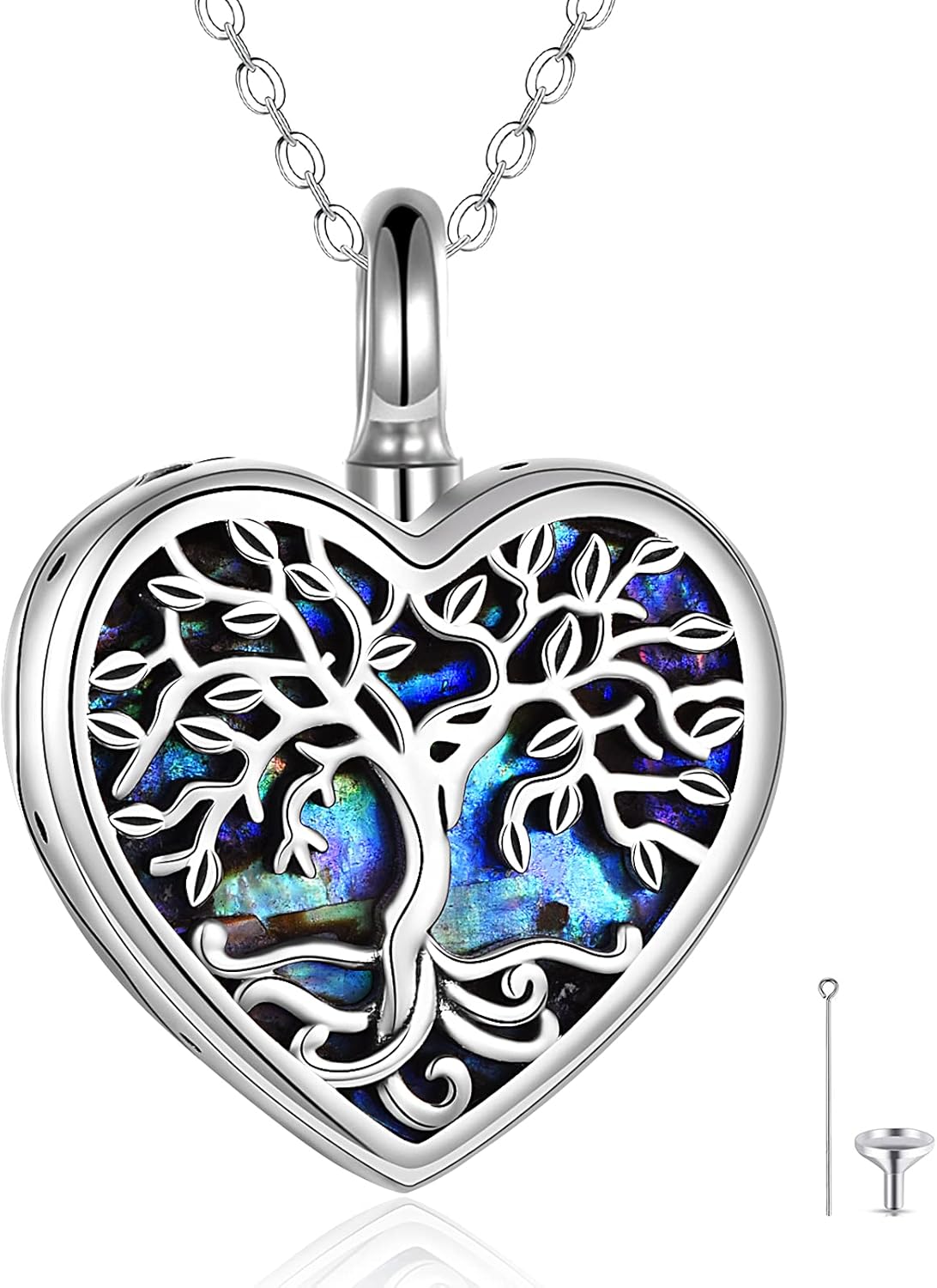 ONEFINITY Cremation Urn Necklace for Ashes Sterling Silver Abalone Shell Tree of Life Locket Necklace That Holds Pictures Heart Cremation Keepsake Memorial Ash Jewelry for Women Men