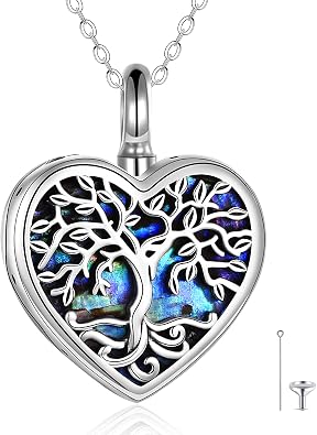 ONEFINITY Cremation Urn Necklace for Ashes Sterling Silver Abalone Shell Tree of Life Locket Necklace That Holds Pictures Heart Cremation Keepsake Memorial Ash Jewelry for Women Men