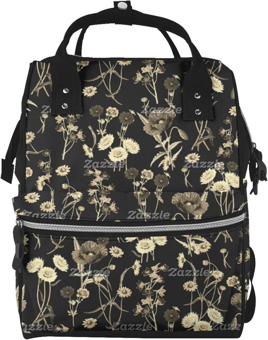 Poppies, Daisies, Bluebells Carbon Black Diaper Bag Backpack for Women, Large Capacity Waterproof Travel Bag with Stroller Straps