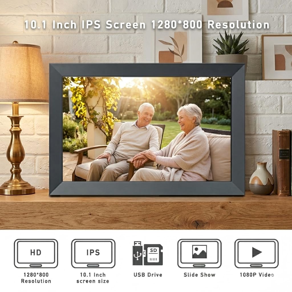 Cornice per foto digitale, 10,1 pollici WiFi Smart Digital Picture Frame IPS Touch Screen, rotazione automatica, memoria integrata da 32 GB, facile configurazione per condividere foto e video