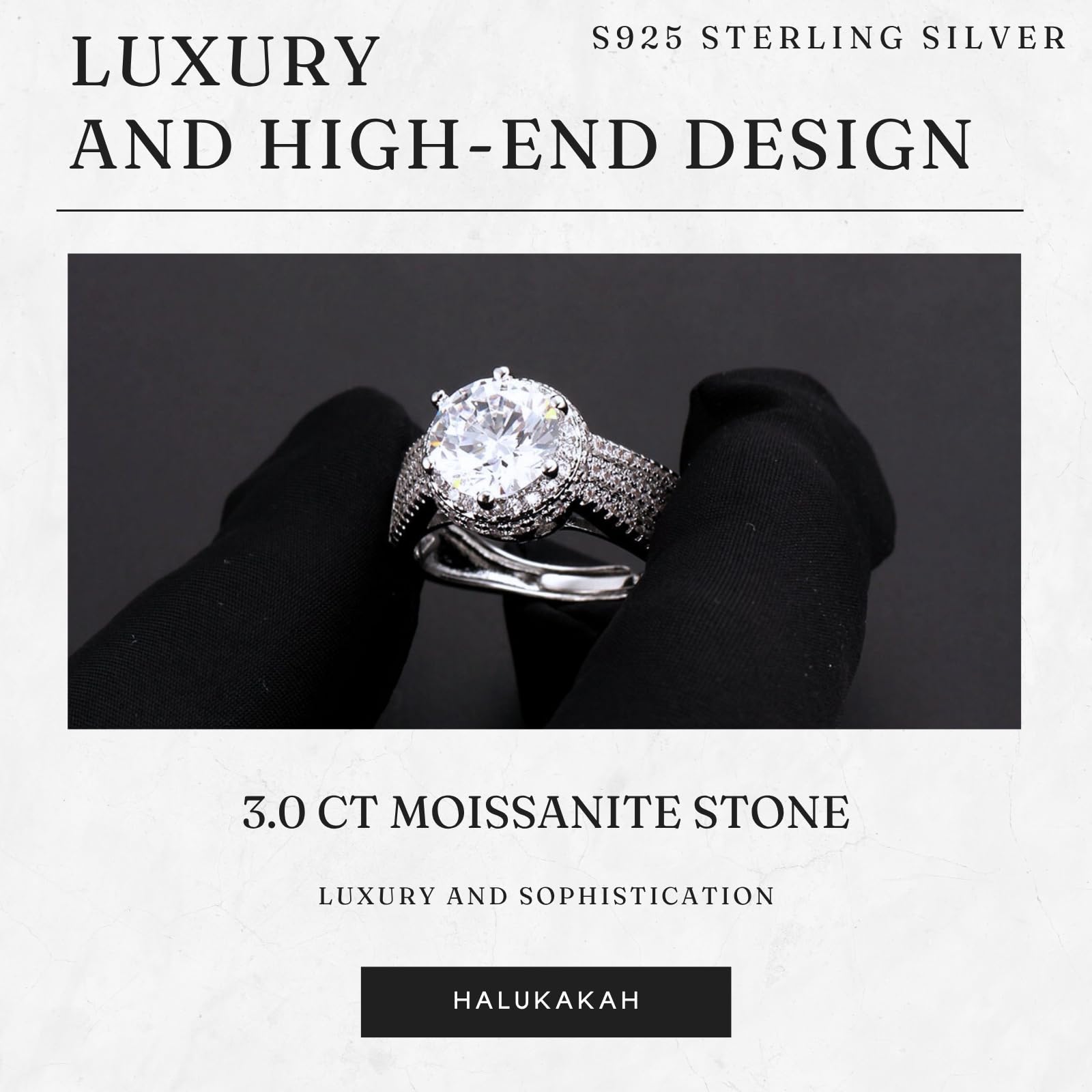 Halukakah Damenring mit D3,0ct Moissanit Platiniertem 925er Silber mit Zertifikat,Runder Halo Labordiamanten im Brautset mit Krappenfassung,Größenverstellbar,Geschenk für Ehefrau,Freundin,Mama,Tochter