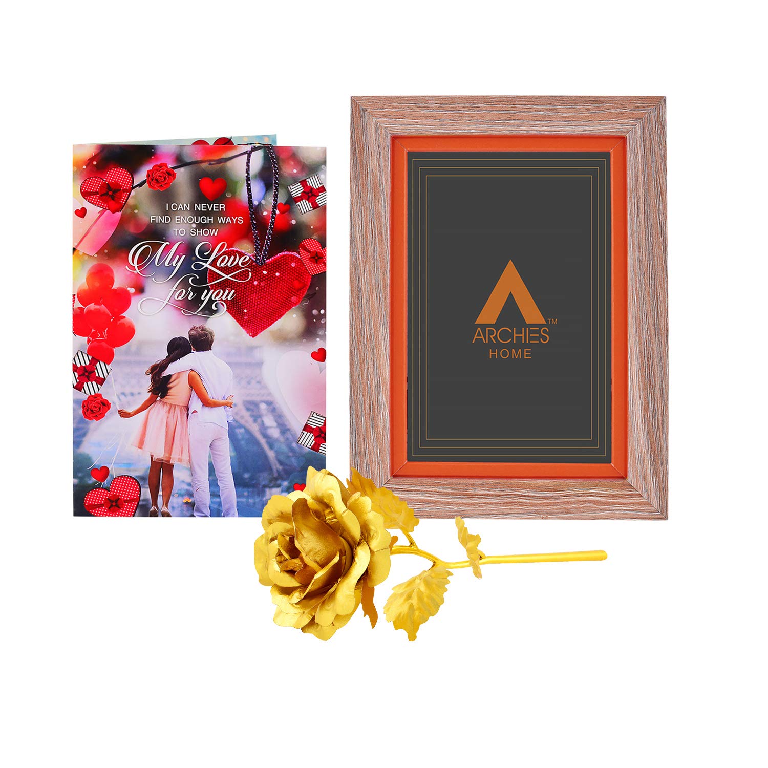 ARCHIESWood Photo Frame with Greeting Card and Golden Rose Set (14 cm x 10 cm x 10 cm)