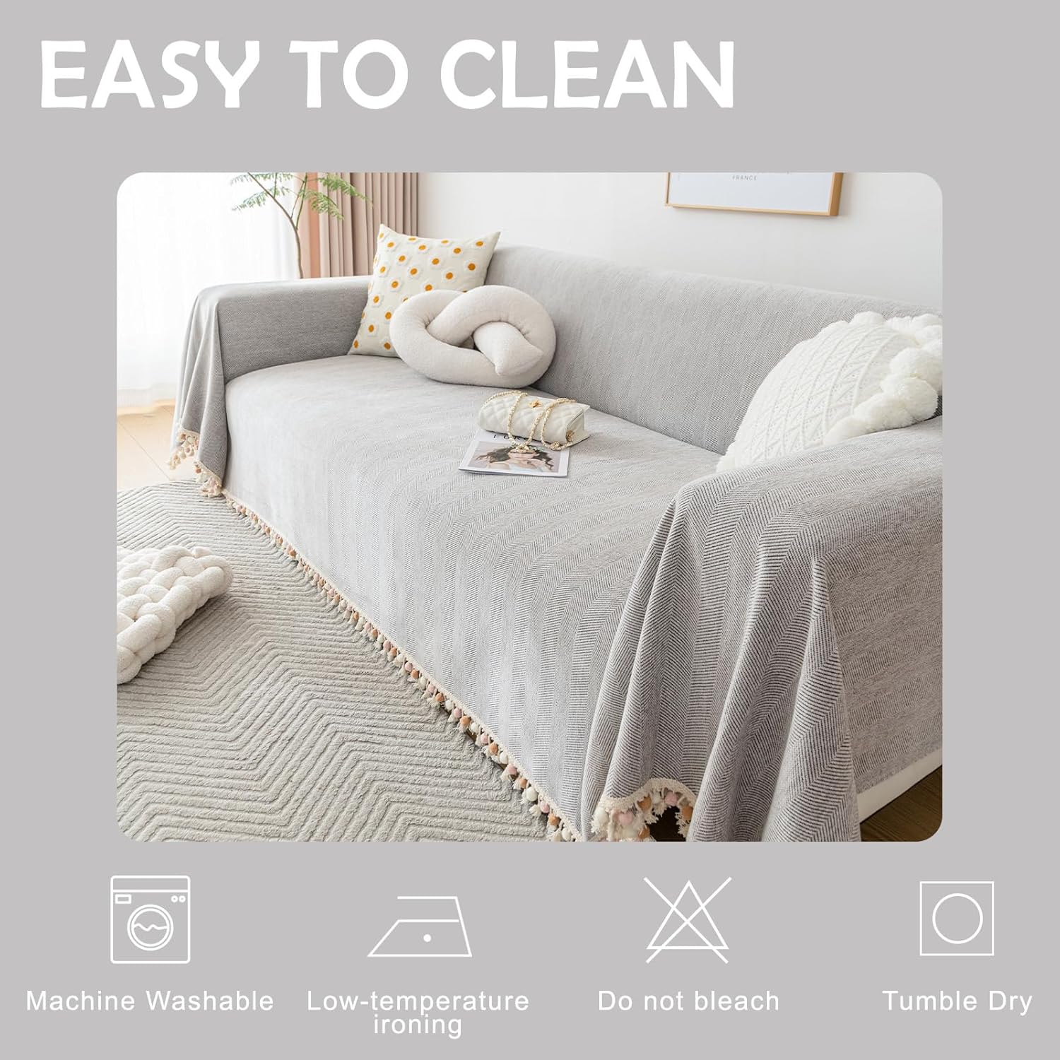 HANDONTIME Grey Sofa Cover for Couch Boho Couch Cover for 3 Seat Dog Couch Cover Love Seat Couch Covers Light Grey Sectional Cover 71" X118" Tassel Chenille Herringbone Sofa Covers Washable - Image 6