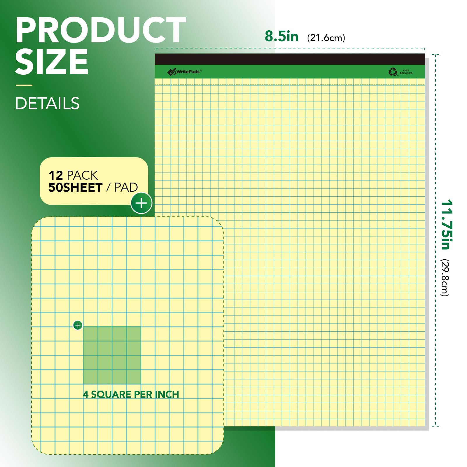 KAISA Graph Paper Legal Pads Writing Pads Recycled Paper 8.5"x11.75" Quad Ruled 4x4 Perforated 50 sheets/pad Grid Paper Yellow Notepads Writing Tablet For Office Supplies (Canary 6pad, 8.5x11.75'')