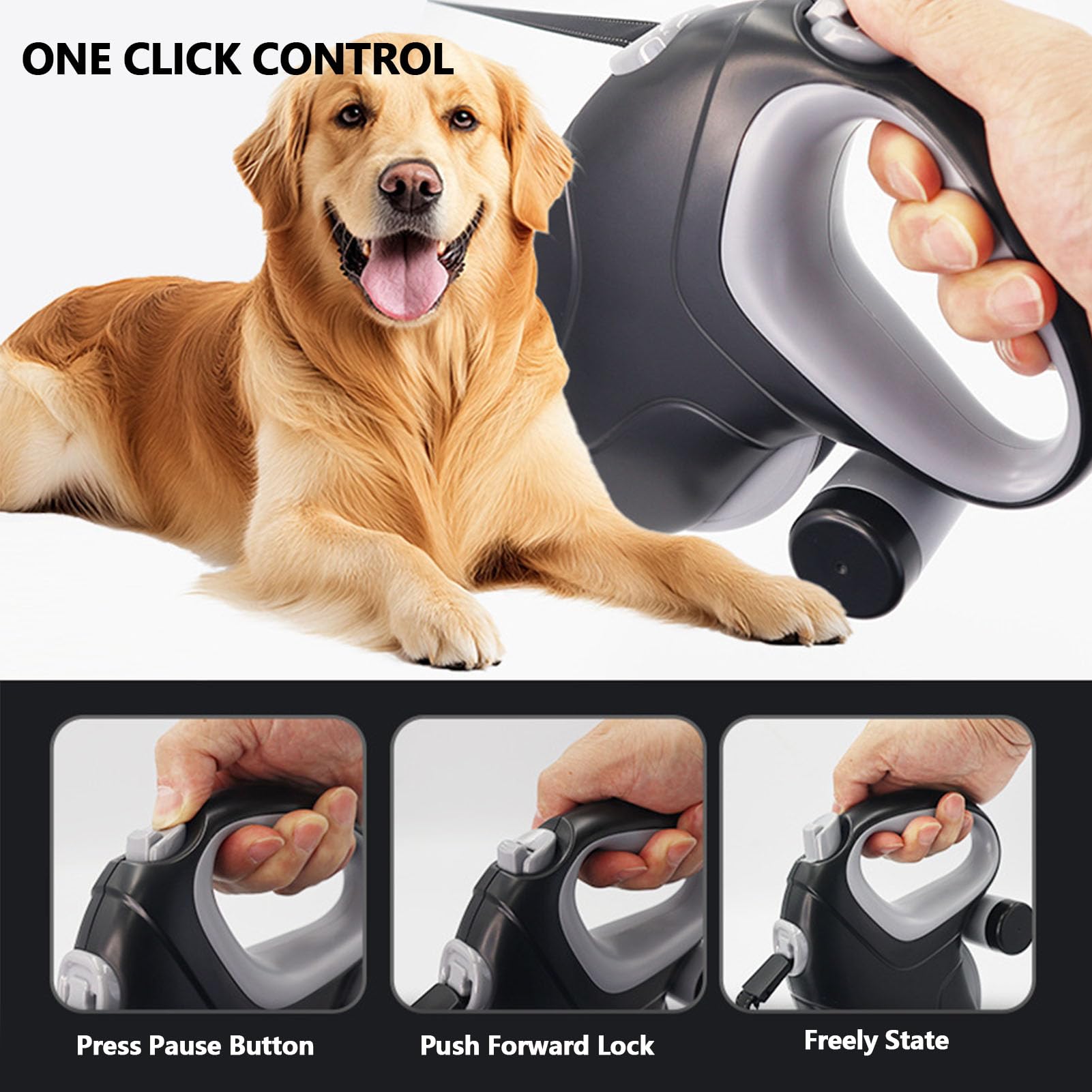 Luocute Correa retráctil para perro, correa resistente de 33 pies con diseño antibobinado de 360° y mango antideslizante, correas retráctiles para perros grandes de hasta 110 libras (alambre