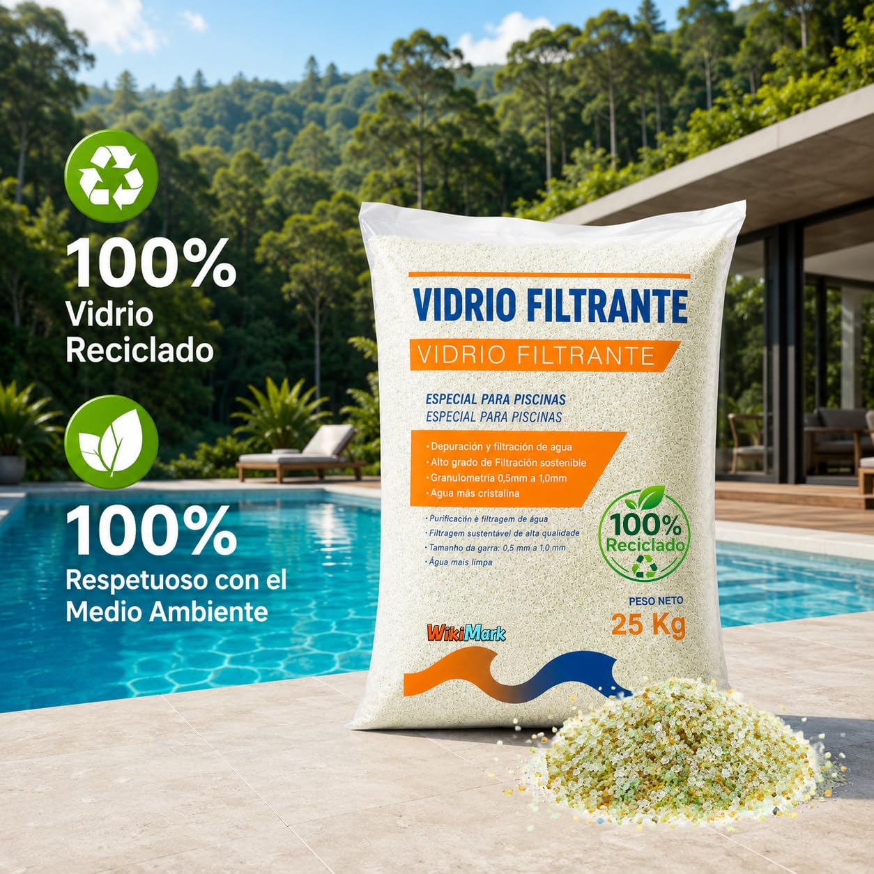 Sable de verre filtrant pour piscines 25 kg moyen filtrant en verre recyclé 100 % | Remplace le sable de silice | Meilleure filtration, économie d'eau et d'énergie | Eau plus cristalline