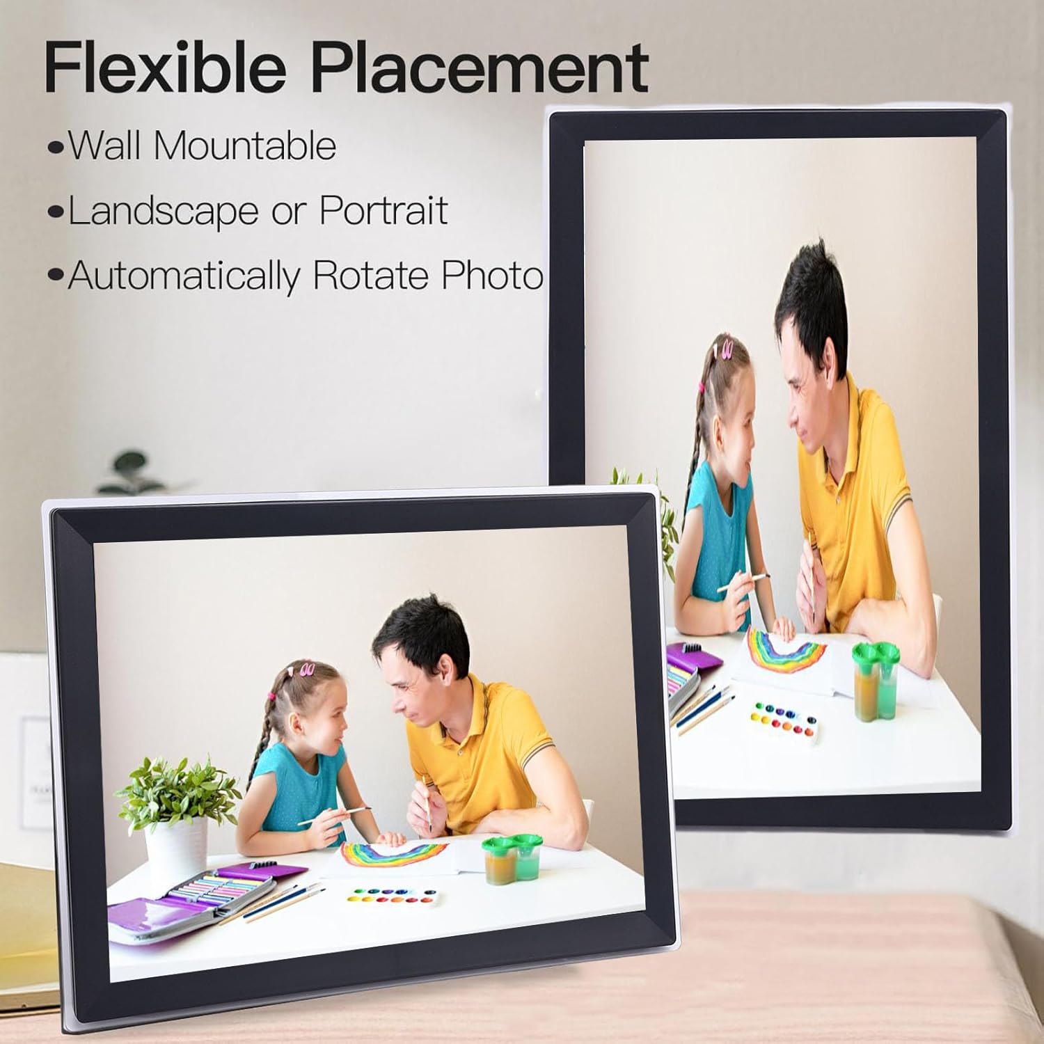 Digital picture frame showing flexible placement options, landscape and portrait