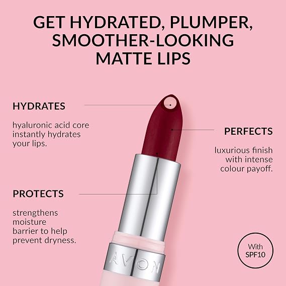 Avon Hydramatic Matte Lipstick 3.6g | Hydrating Intense Colour | SPF 10 | Plumper and Smoother Looking Lips | Cruelty Free | Garnet