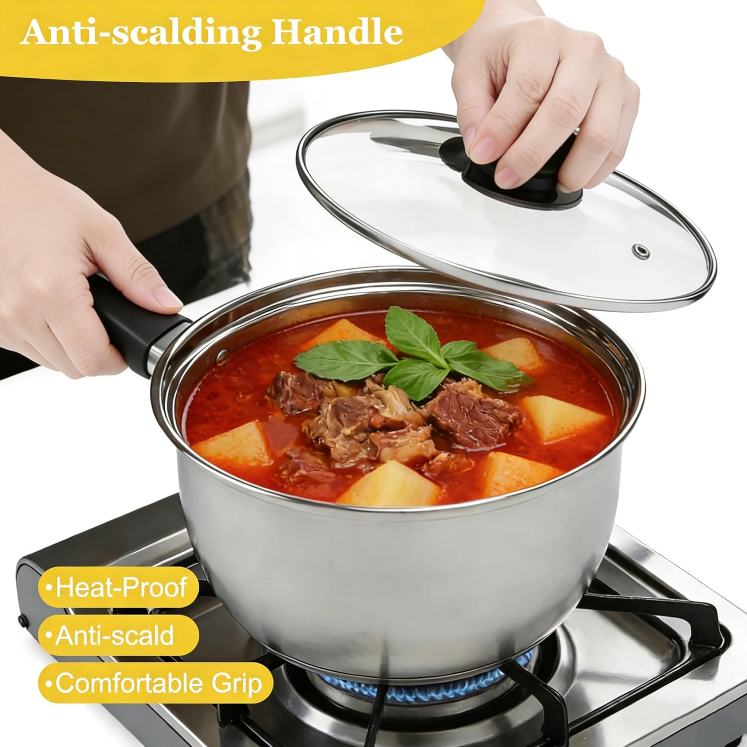 3pcs Stainless Steel Saucepan Set, Kitchen 1QT & 2QT & 3QT Pot Set with Lid Triply Base Sauce Pot for Cooking Stainless Steel Cookware Set