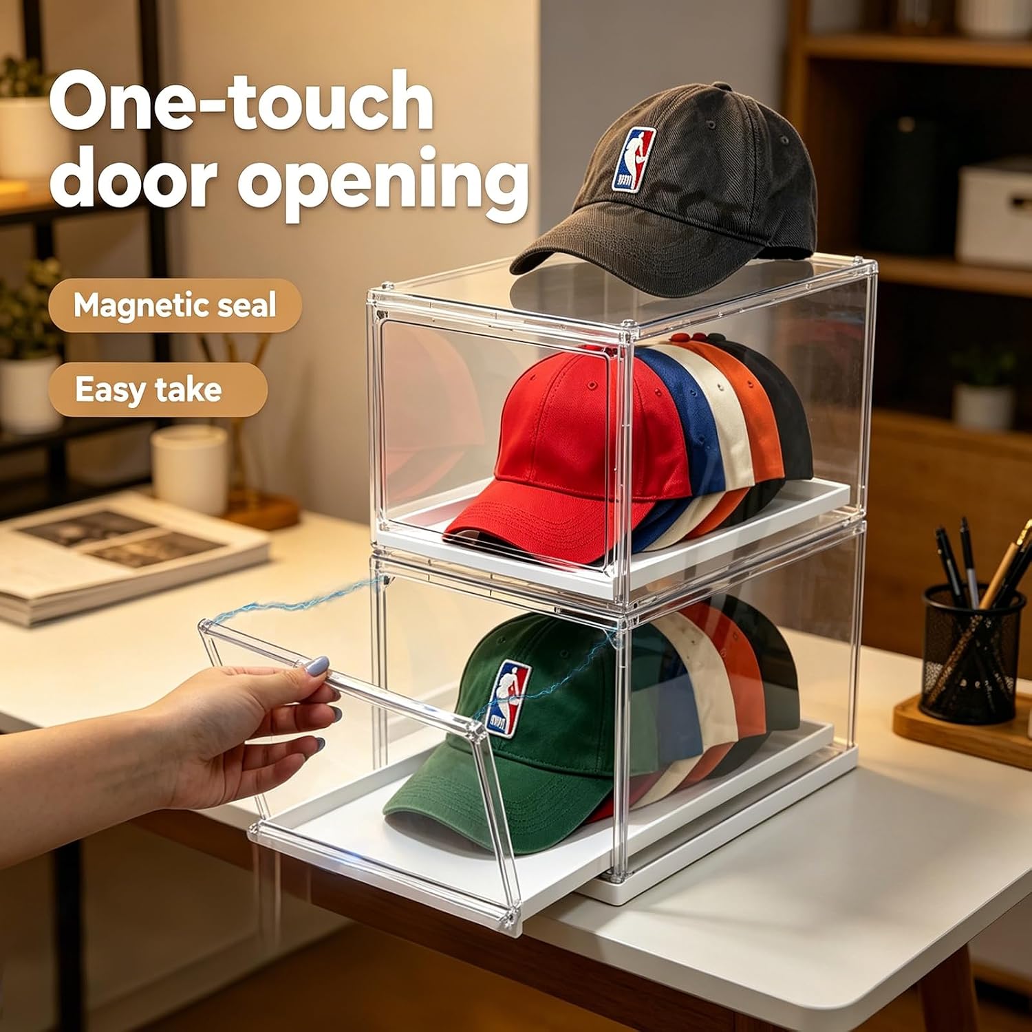 2 Pack Hat Organizer with Drawer,Clear Hat Box for Baseball Caps,Large Cap Storage,Stackable Plastic Hat&Shoe Rack Display Case,24 Hats