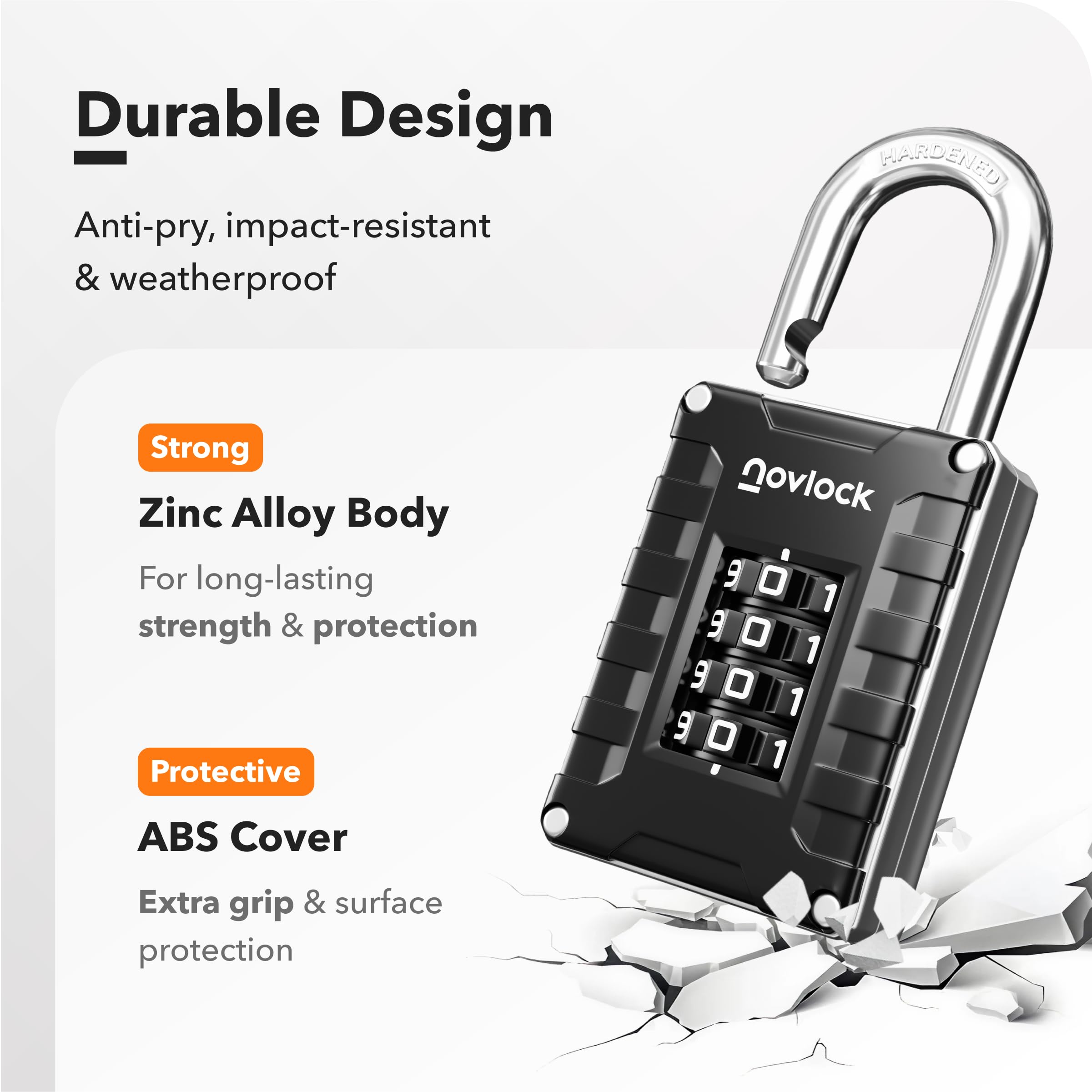 NOVLOCK Locker Padlock with 4-Digit Code for Gym School, Home, Work, Sturdy Combination Lock with Hardened Steel Shackle - Image 3