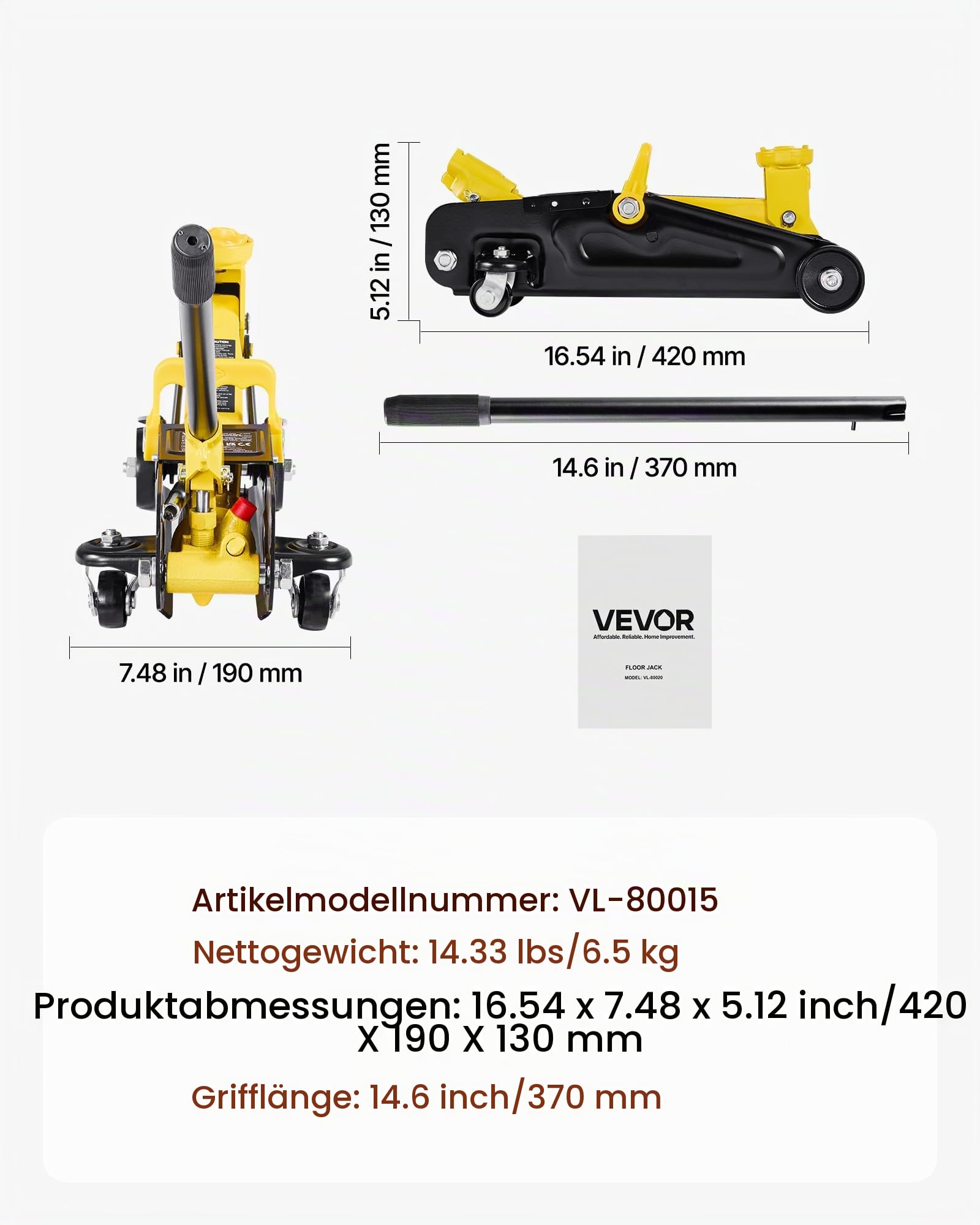 VEVOR Rangierwagenheber Wagenheber mit niedrigem Profil & 360° Rollen 1,5 t, Einzelkolben-Schnellhubpumpe, 13-31 cm Hubhöhe, hydraulische Wagenheber für Sportwagen, Limousinen Gelb + Schwarz