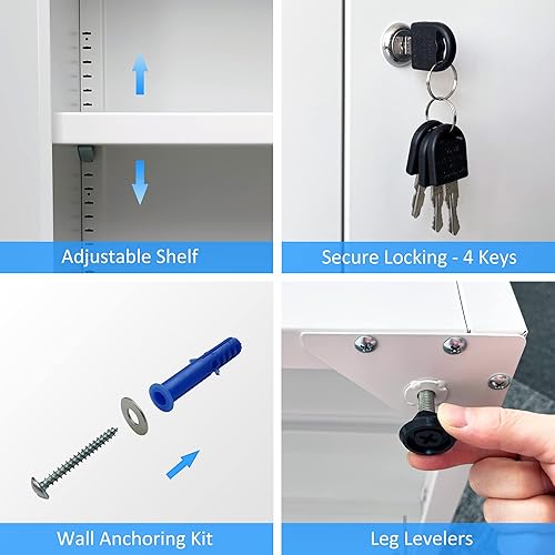Miniatura 5 de Armario de almacenamiento de metal con puertas de bloqueo y 3 estantes ajustables, armarios de almacenamiento de acero con cerradura de 53.5