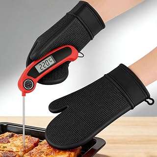 Heat Resistant Silicone Oven Mitts-High Temperature Gloves,Insulated Oven Mitts for Cooking, Grilling,and Baking(Black)