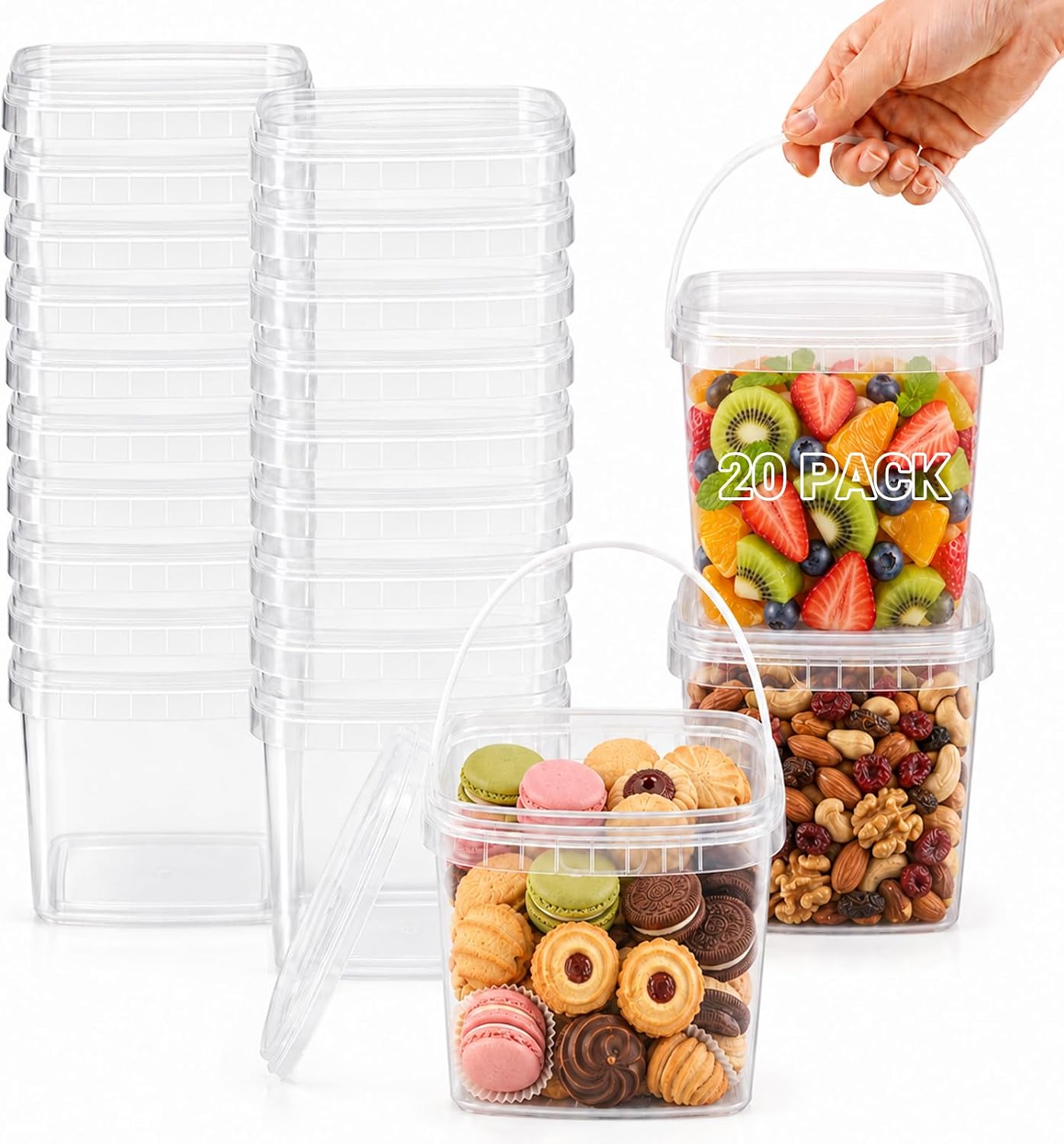 METAPACK 33.8 fl oz/1 L Square Food Storage Container with Lid and Handle. Stackable Containers for Candy, Desserts, Party Favors, Kitchen Organization and Portable Food Storage (20 Pack)