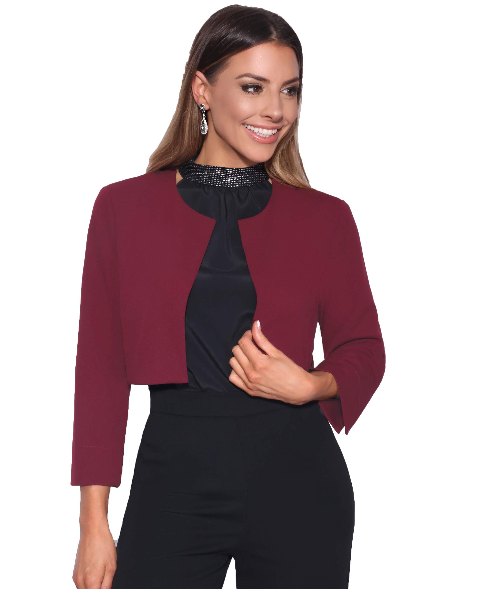 KRISPWomen Bow Back Cropped Bolero Jacket 3/4 Sleeve Open Evening Shrug
