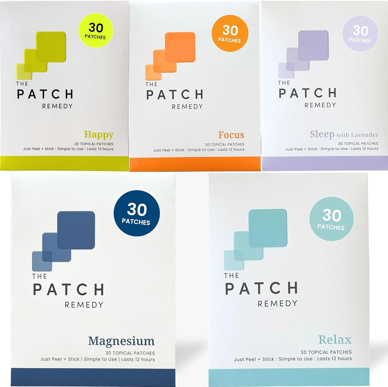 The Patch Remedy Variety Pack - 5X Patches: Happy, Focus, Relax, Sleep with Lavender & Magnesium | Each Contains 30 Patches