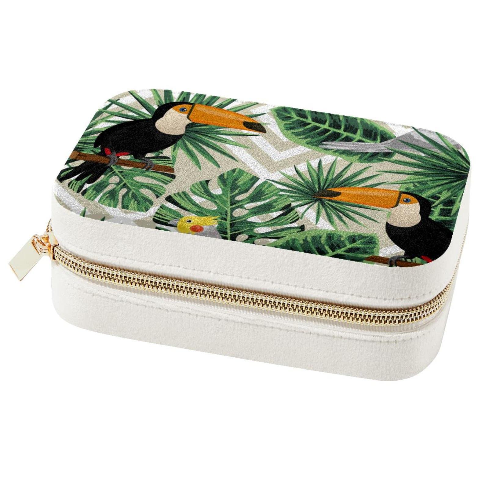 Boîte à bijoux de voyage en cuir végétal imprimé toucans et feuilles