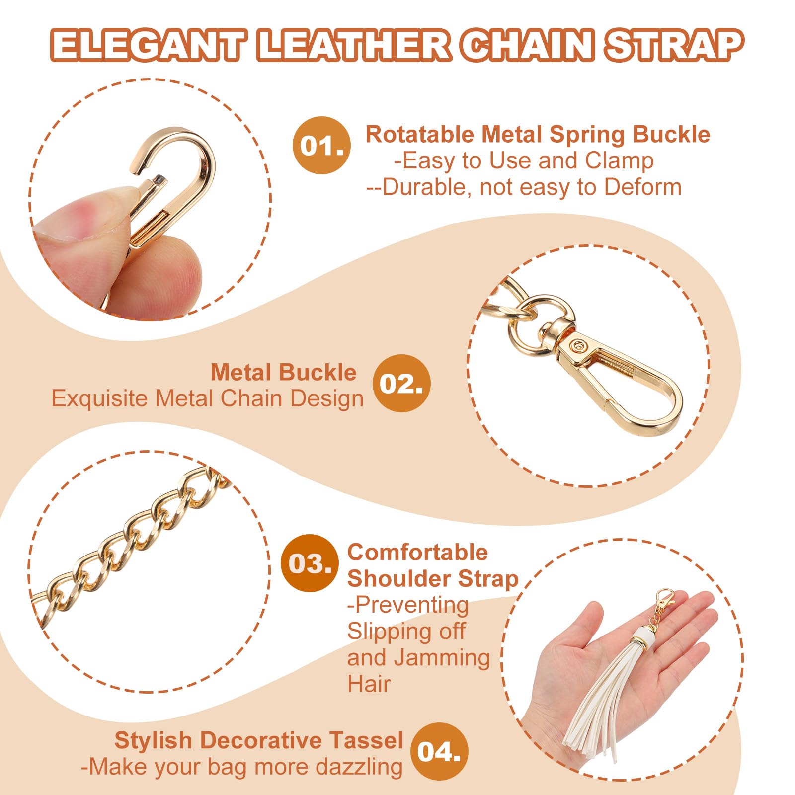 PATIKIL Purse Chain Strap, 39 Inch Leather Chain Strap with Tassel for Crossbody Bag Handbag Beige/Gold - Image 3