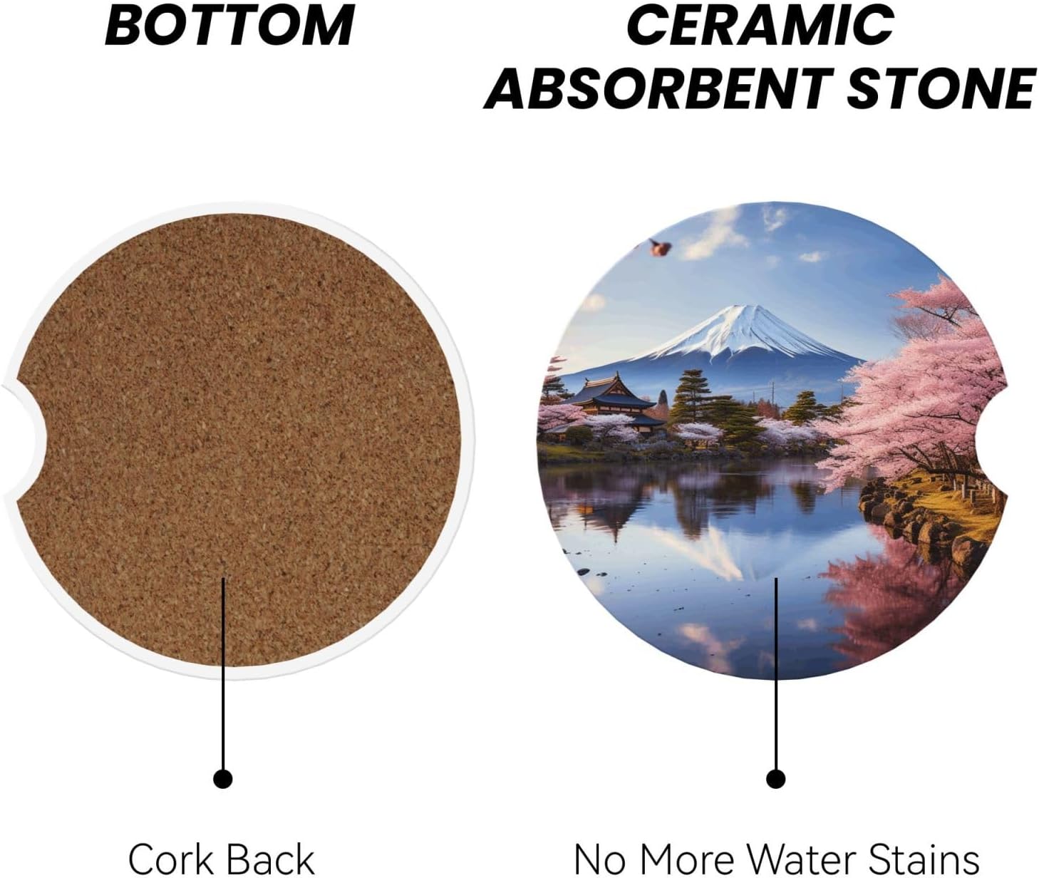 2 Pack Ceramics Car Cup Coaster Mount Fuji Cherry Blossom Trees Automotive Cup Holders Coasters Non-Slip Absorbent Auto Cup Pads Universal Car Interior Accessories for Women Men Cup Mat 2.56 Inch image 4