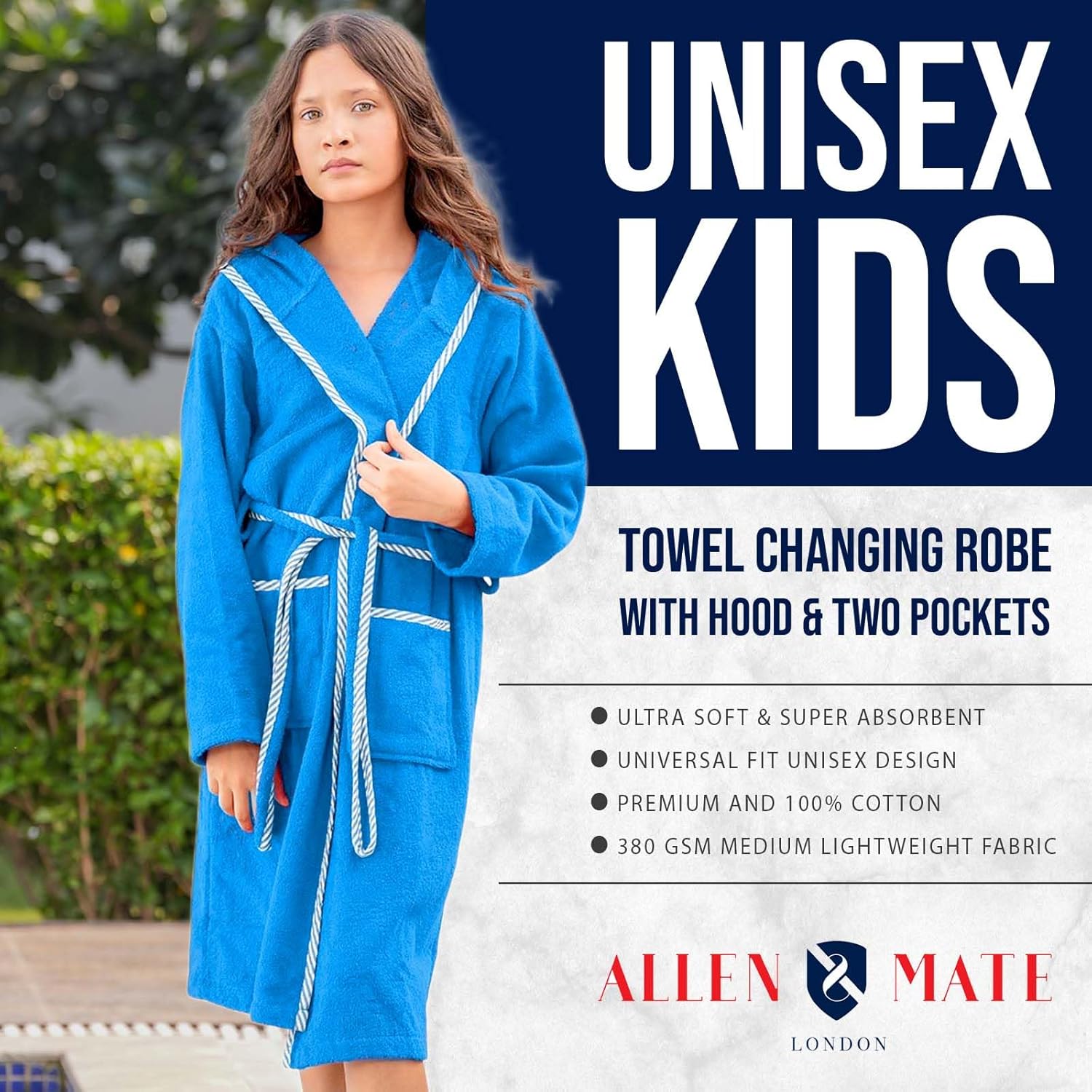 ALLEN & MATE 100% Cotton Kids Bathrobe with Piping – Hooded Towels for Kids, Medium Weight Absorbent Robe for Boys & Girls