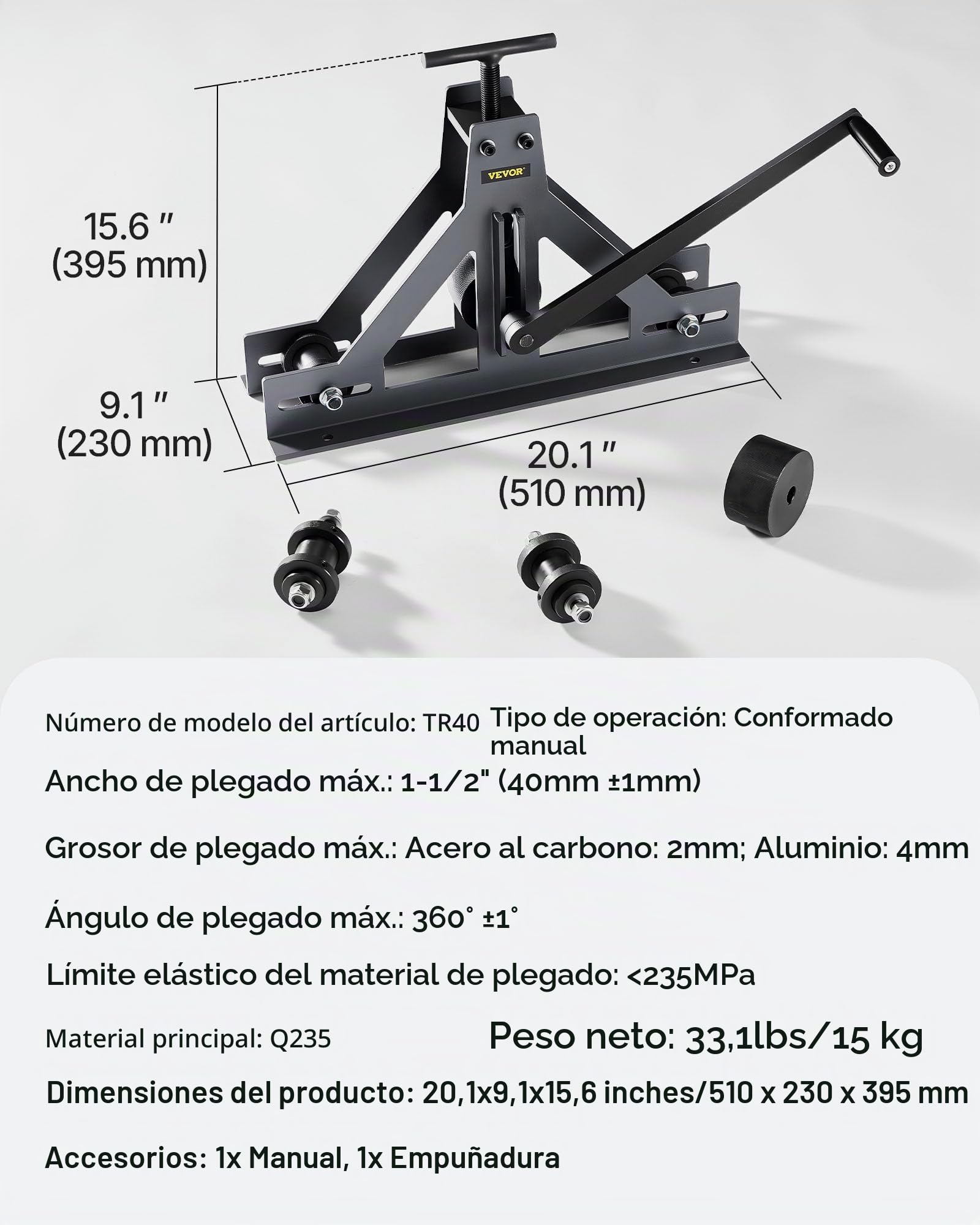 VEVOR Dobladora de Tubos Universal, Dobladora de Tubos, Dobladora de Tubos Acero, Dobladora Manual de Acero al Carbono, Dobladora de Tubos Manual Ajustable, Aplica a Acero Dulce, Cobre y Aluminio