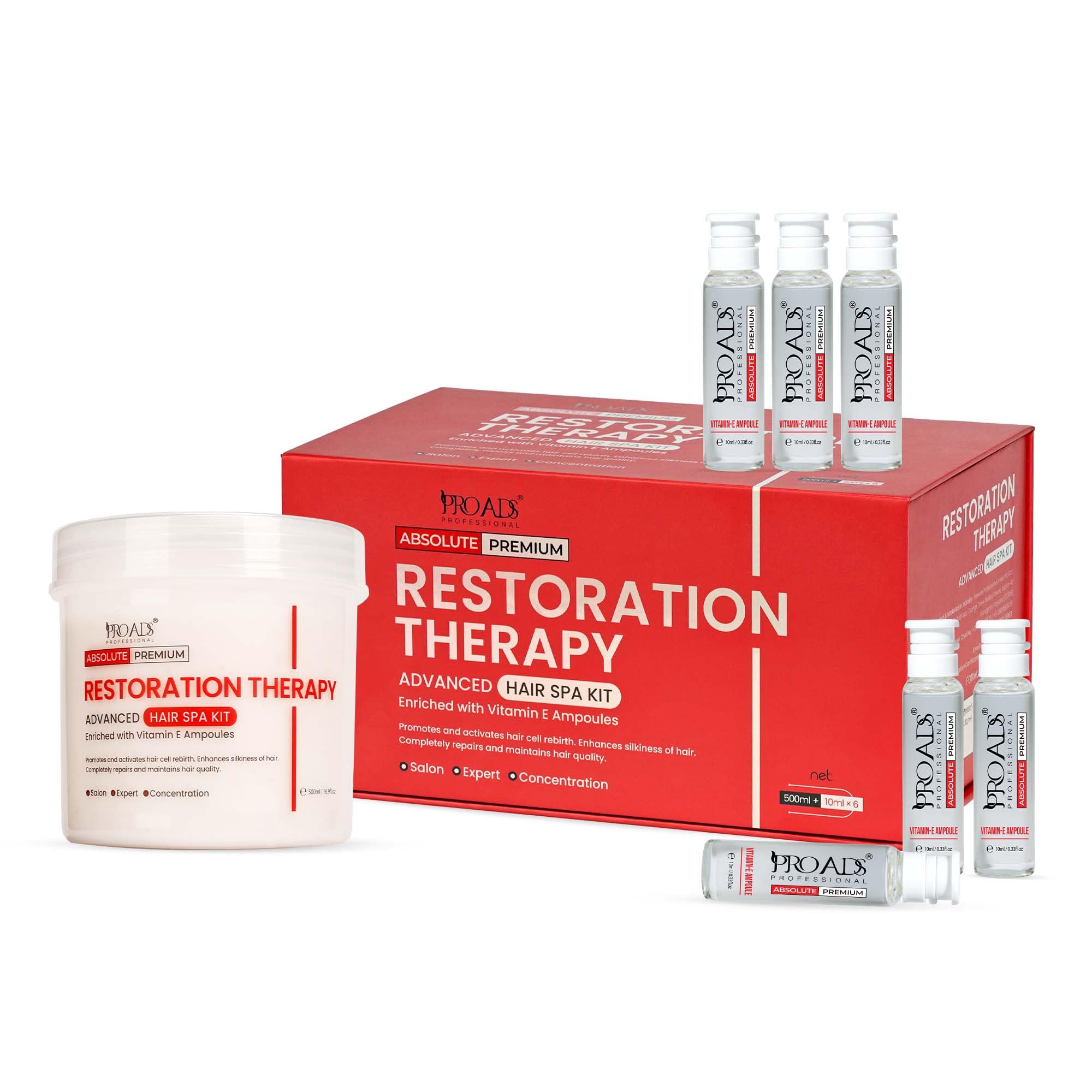 PROADS Professional Restoration Therapy Advanced Hair Spa Kit with Vitamin E Ampoules, Deep Conditioning Hair Treatment for Damaged Hair, Repairs Hair Fall & Dandruff, Smooth & Silky, Paraben Free (500ml + 10ml x 6)-image-10