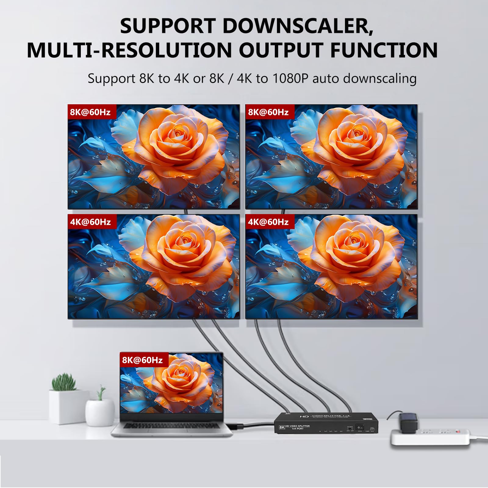 Splitter HDMI 8K 1 in 4 Out, 4K @ 120Hz 1X4 hdmi 2.1 Splitter Supporto 8K @60Hz, 4:4:4, 48 Gbps, EDID, Auto Down Scaler, 8K e 4K o 1080P Sync HDCP 2.3, VRR, HDR10+ per PS5, laptop, HDTV, proiettore