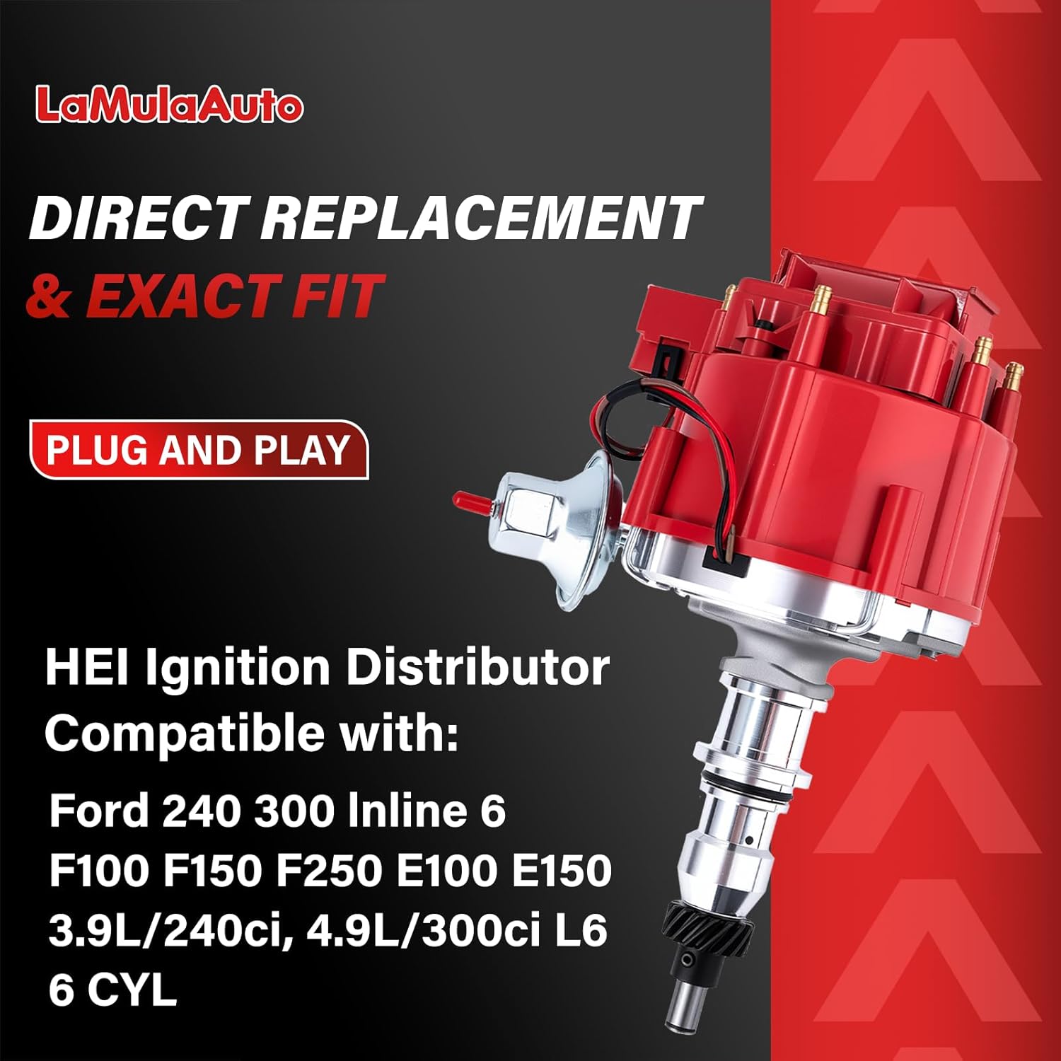 HEI Ignition Distributor LaMulaAuto Compatible with Ford 240 300 Inline 6, F100 F150 F250 E100 E150 6 Cylinders, 3.9L/240ci, 4.9L/300ci L6, One-wire Installation, 65k Volt Coil