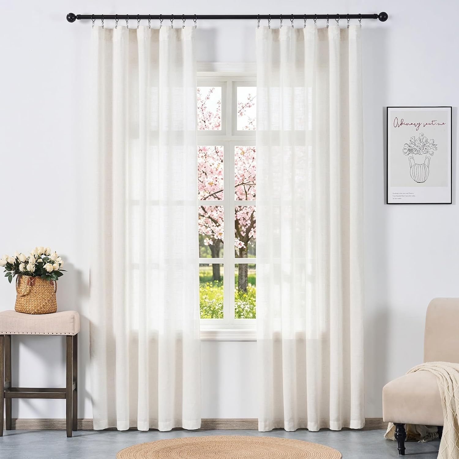 Neutral Linen Semi Sheer Curtains 108 Inches Long, Cream Light Filtering Sliding Glass Door Curtains & Drapes, Modern Farmhouse Window Panel, Pinch Pleat Floor to Ceiling Curtain with Hook