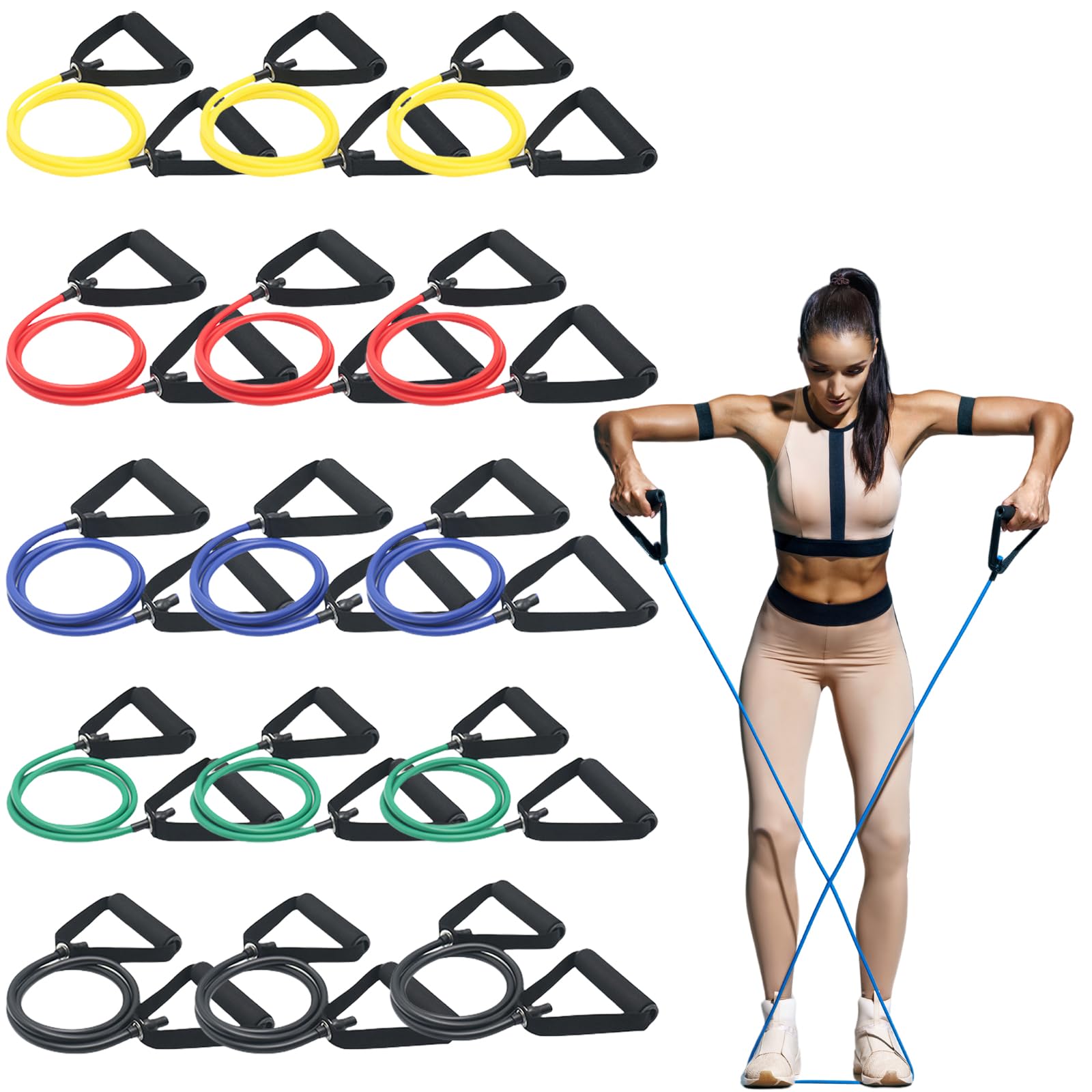 Photo 1 of 15 Pcs Resistance Bands with Handles for Home Workouts, Exercise Bands Set for Physical Therapy, Strength Training & Fitness for Women and Men