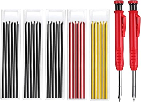Amazon Deerace リフィル付きソリッドカーペンターペンシルセットグリースディープホールマーカーペンロングヘッドマーカー ペン木工スクライバーを描くためのウッドマーカー 2鉛筆30リード 蛍光 文房具 オフィス用品