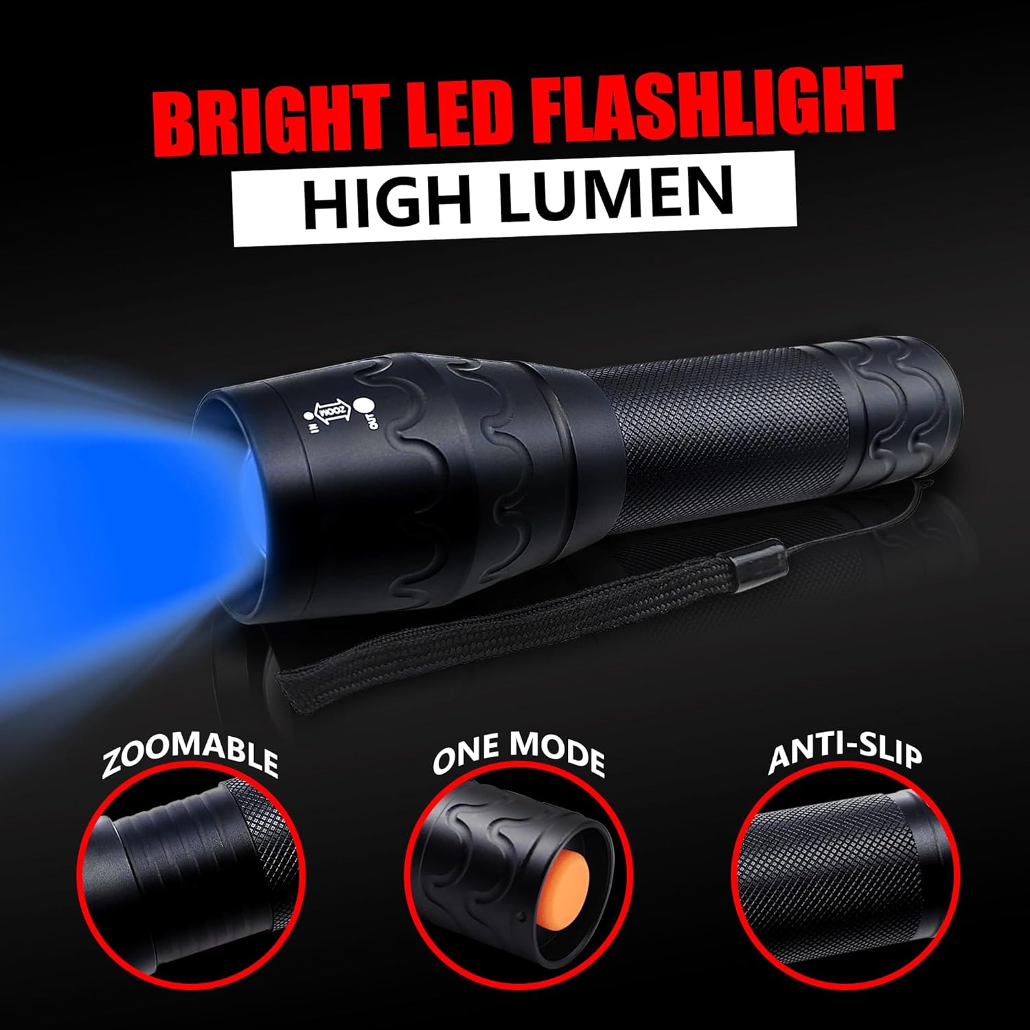 Blue Light LED Flashlight Single Mode Adjustable Focus Night Hunting Flashlights for Observation, Fishing, 2 Pack