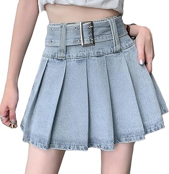 Denim Skirt Y2K High Waisted Pleated Vintage Casual Jean Mini Skirt with Shorts Underneath Womens Skirt