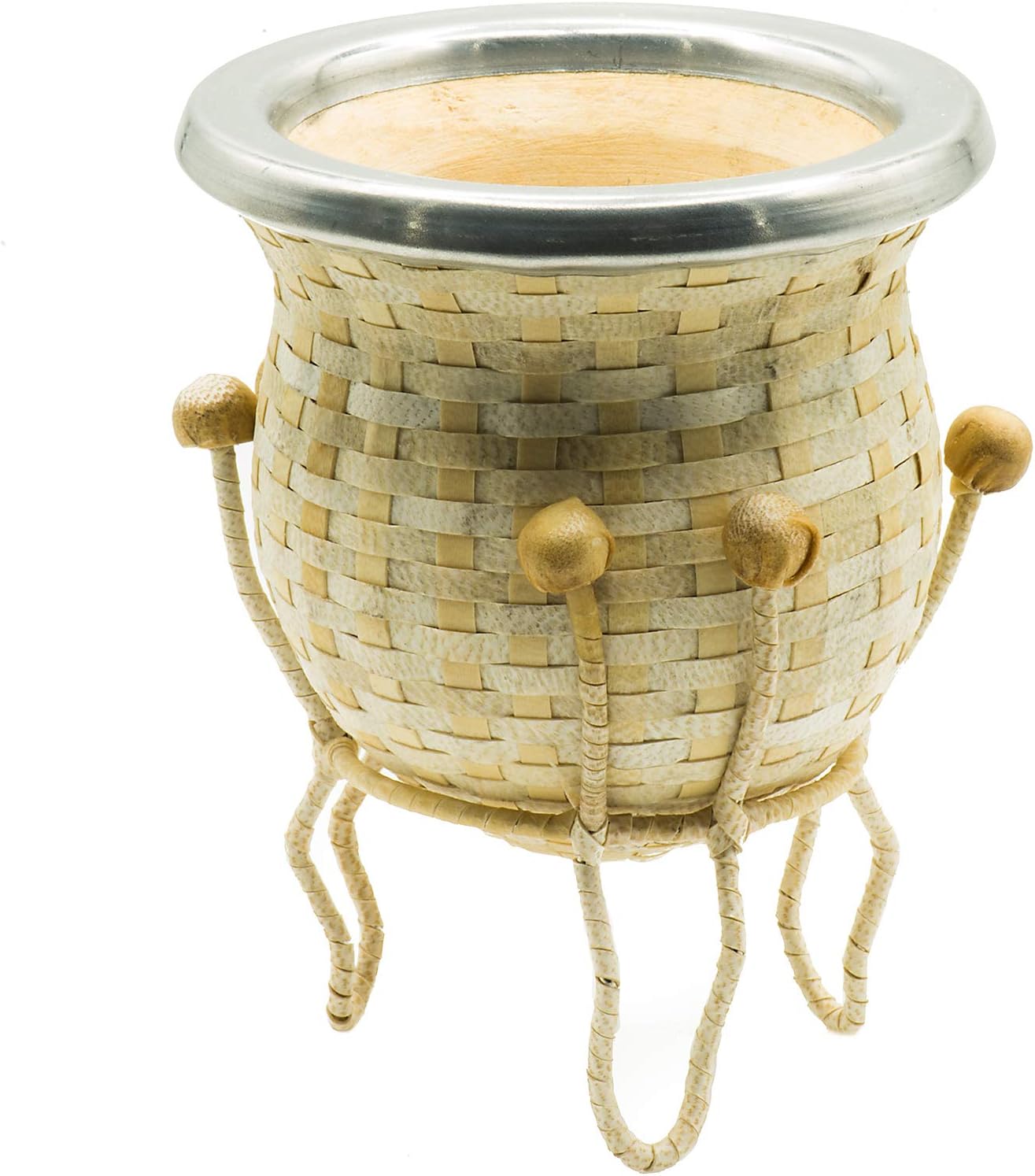 Handmade Leather Braided Natural Mate Gourd with Alpaca Rim (Tripod and Bombilla included)