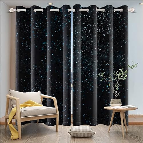 Miniatura 4 de Renaiss Cortinas de ventana de cielo estrellado estrellado con estrellas brillantes azules, tratamientos de ventana, cortinas opacas de cielo