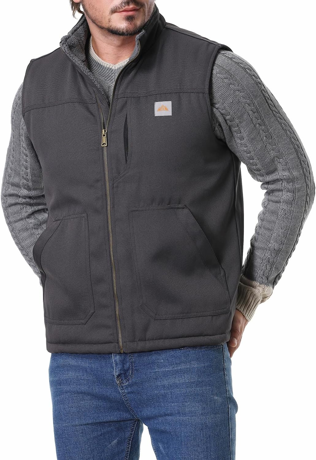 MOERDENGMen's Loose Fit Washed Duck Fleece-Lined Workwear Mock-Neck Vest