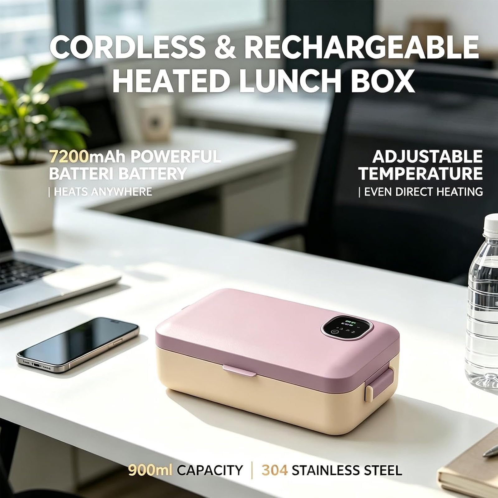 Fiambrera eléctrica portátil con autocalentamiento, calentador de alimentos inalámbrico recargable de 900 ml con pantalla de temperatura, a prueba de fugas para trabajo, viajes, camping (Gray)