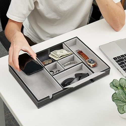 Miniatura 4 de Baoyun - Bandeja organizadora de mesita de noche, bandeja de valet de cuero para hombres, EDC Catchall con estación de carga de teléfono