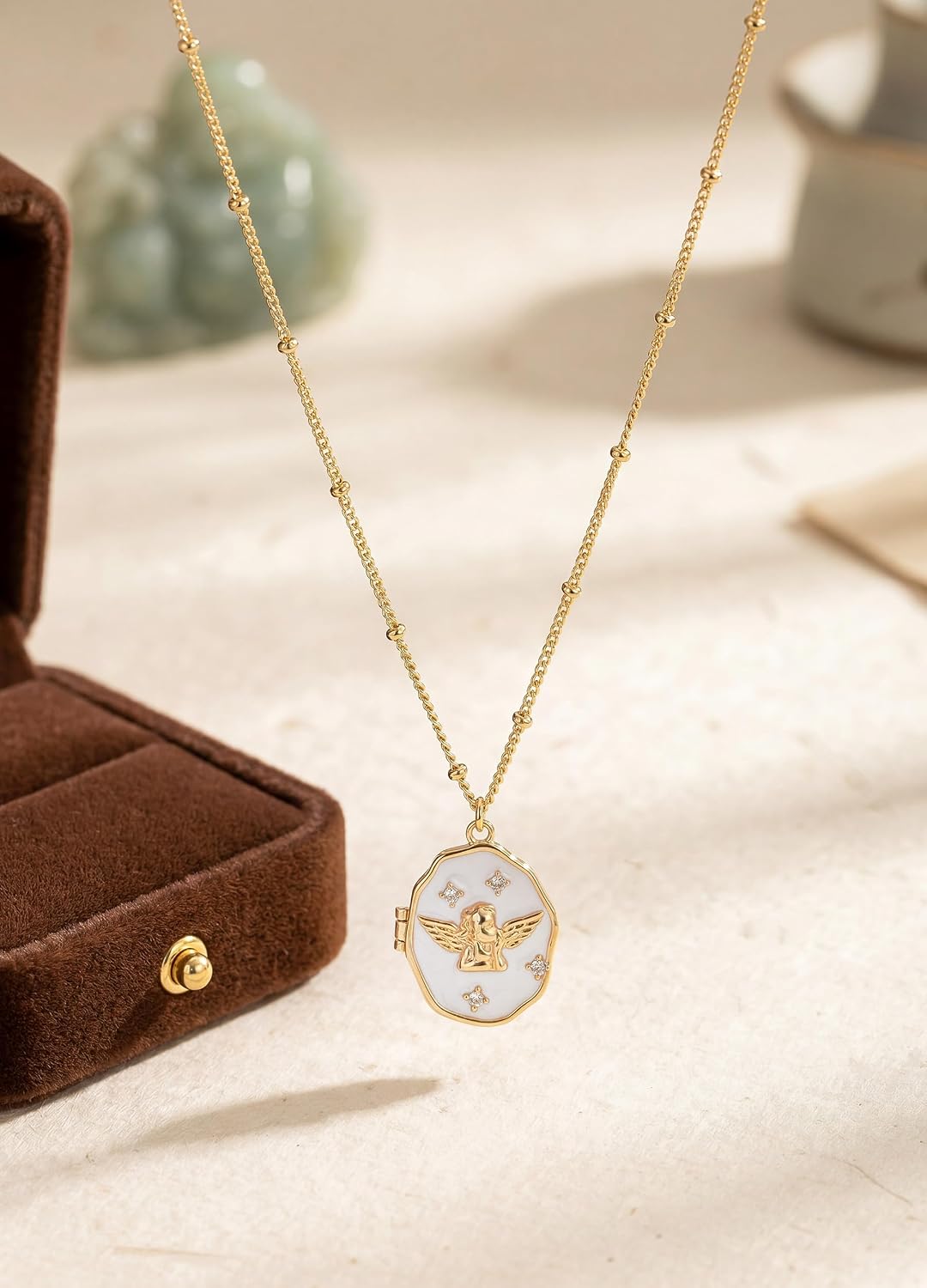 Custom Picture Locket Necklace for Women - 14K Gold Plated/Silver/Pink Small Cute Angel Wing Pendant Personalized Photo Charm Memorial Jewelry Vintage Customized Gift